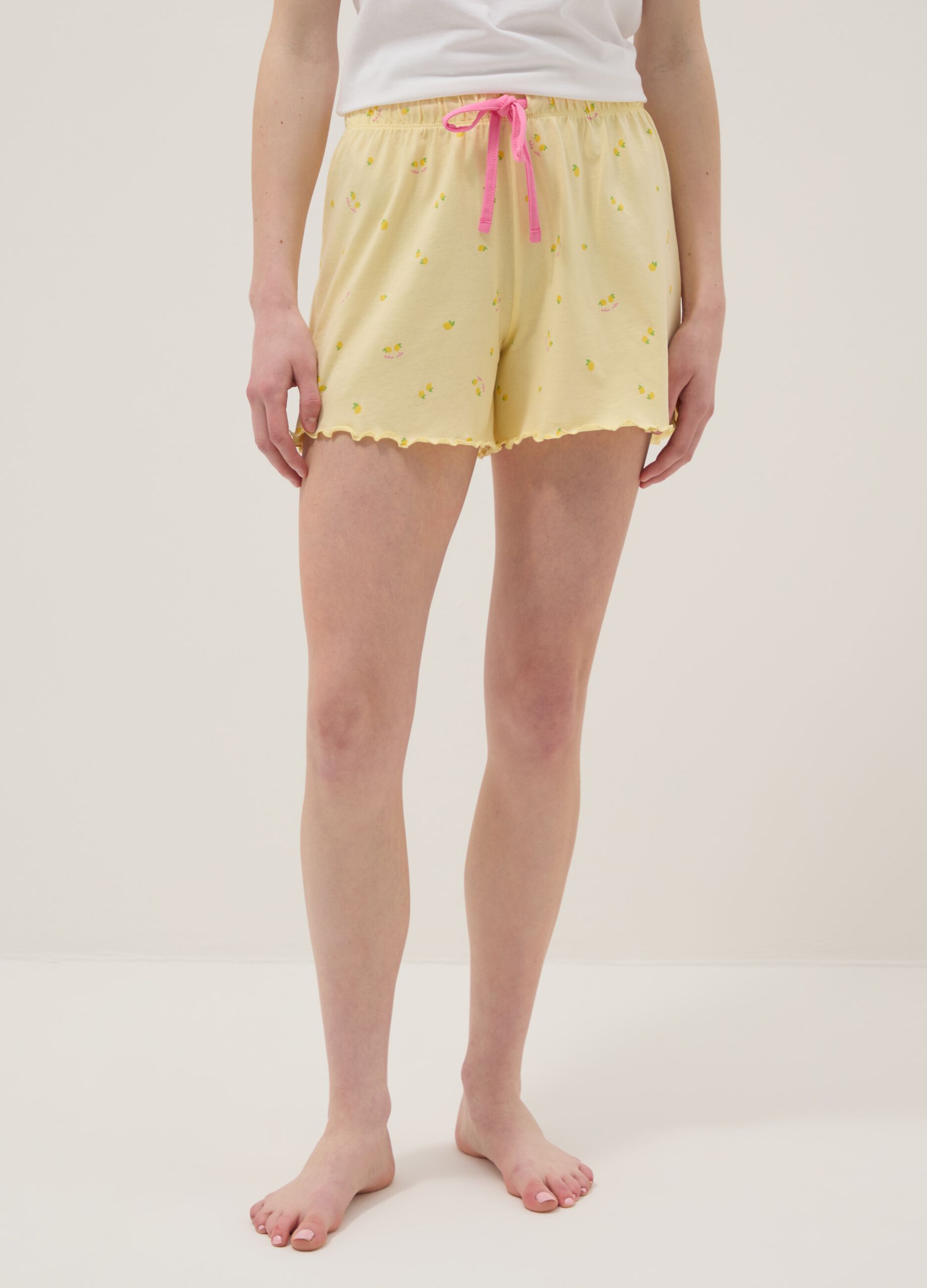 Shorts pigiama giallo in puro cotone con stampe limoni e coulisse rosa