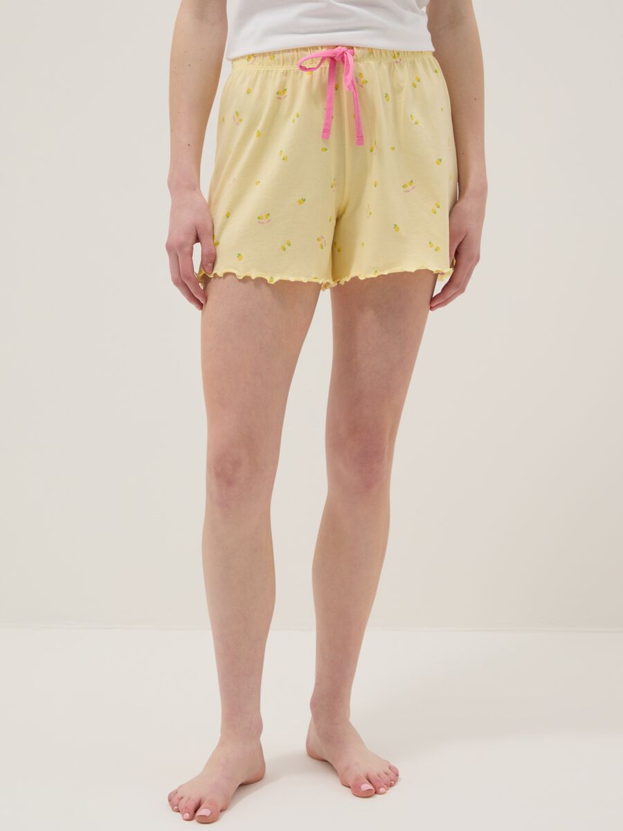 Shorts pigiama giallo in puro cotone con stampe limoni e coulisse rosa_1