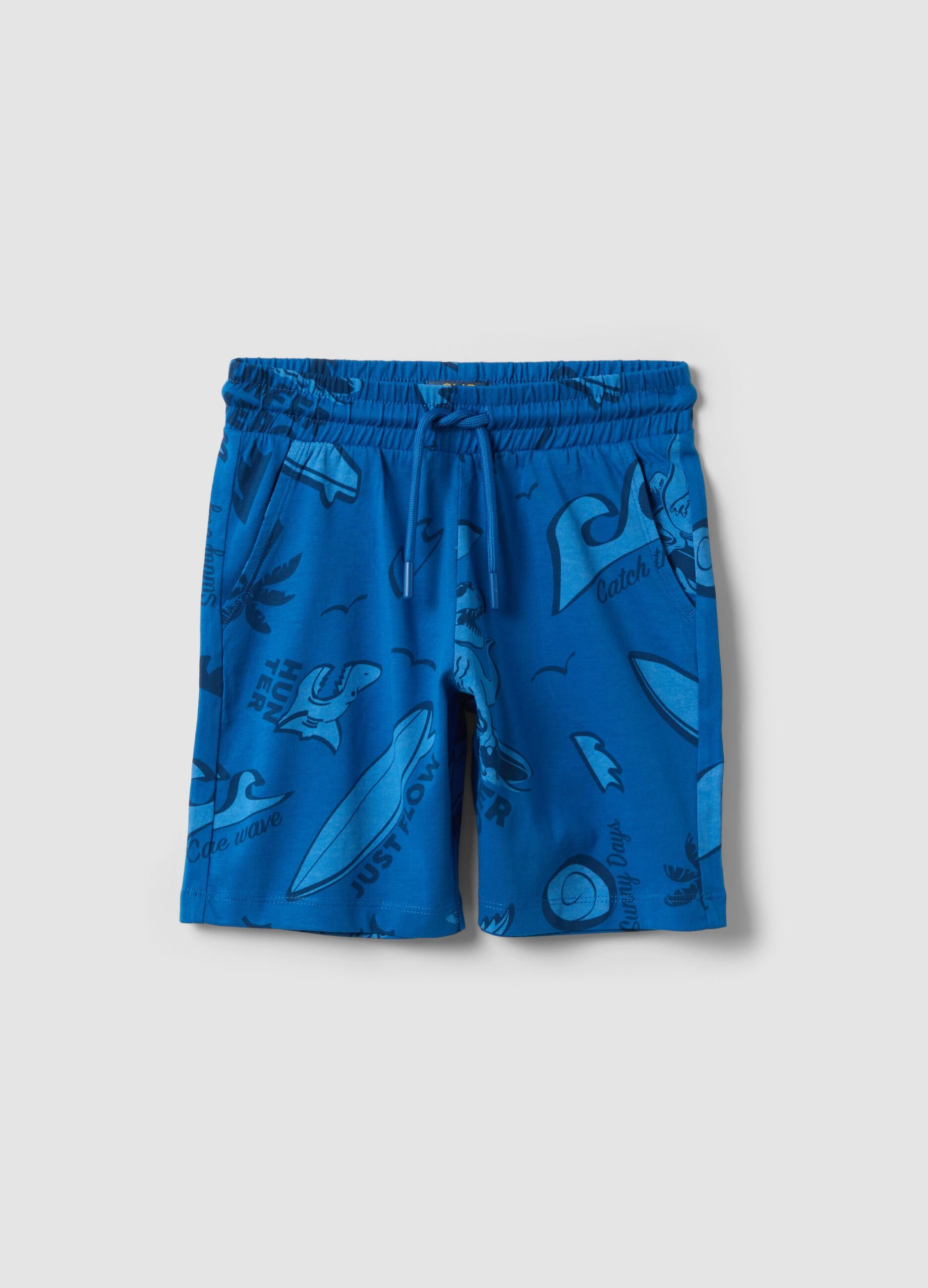 Blue pure cotton shorts with all-over print