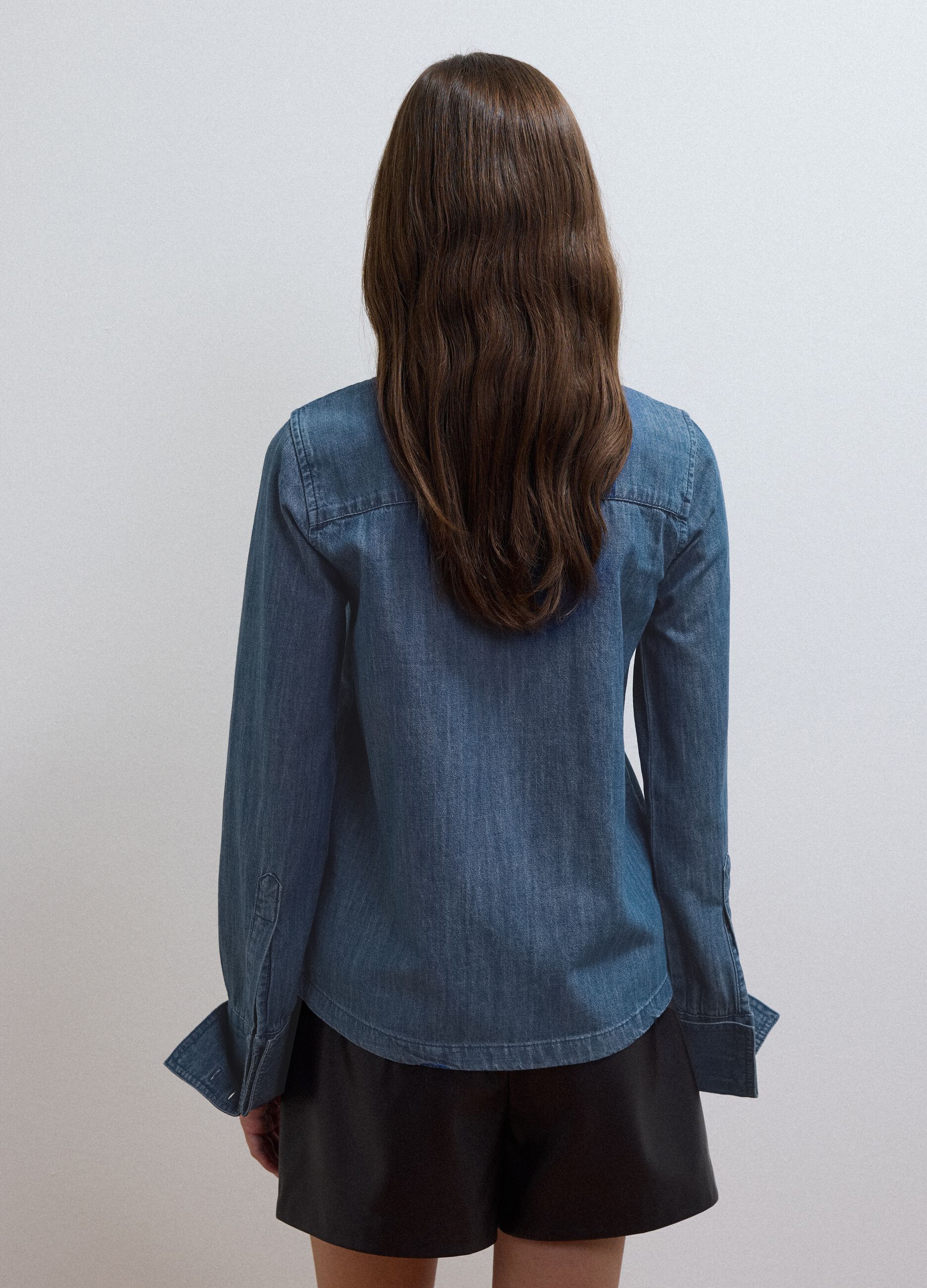 Blue denim shirt in pure cotton with neck tie, regular fit