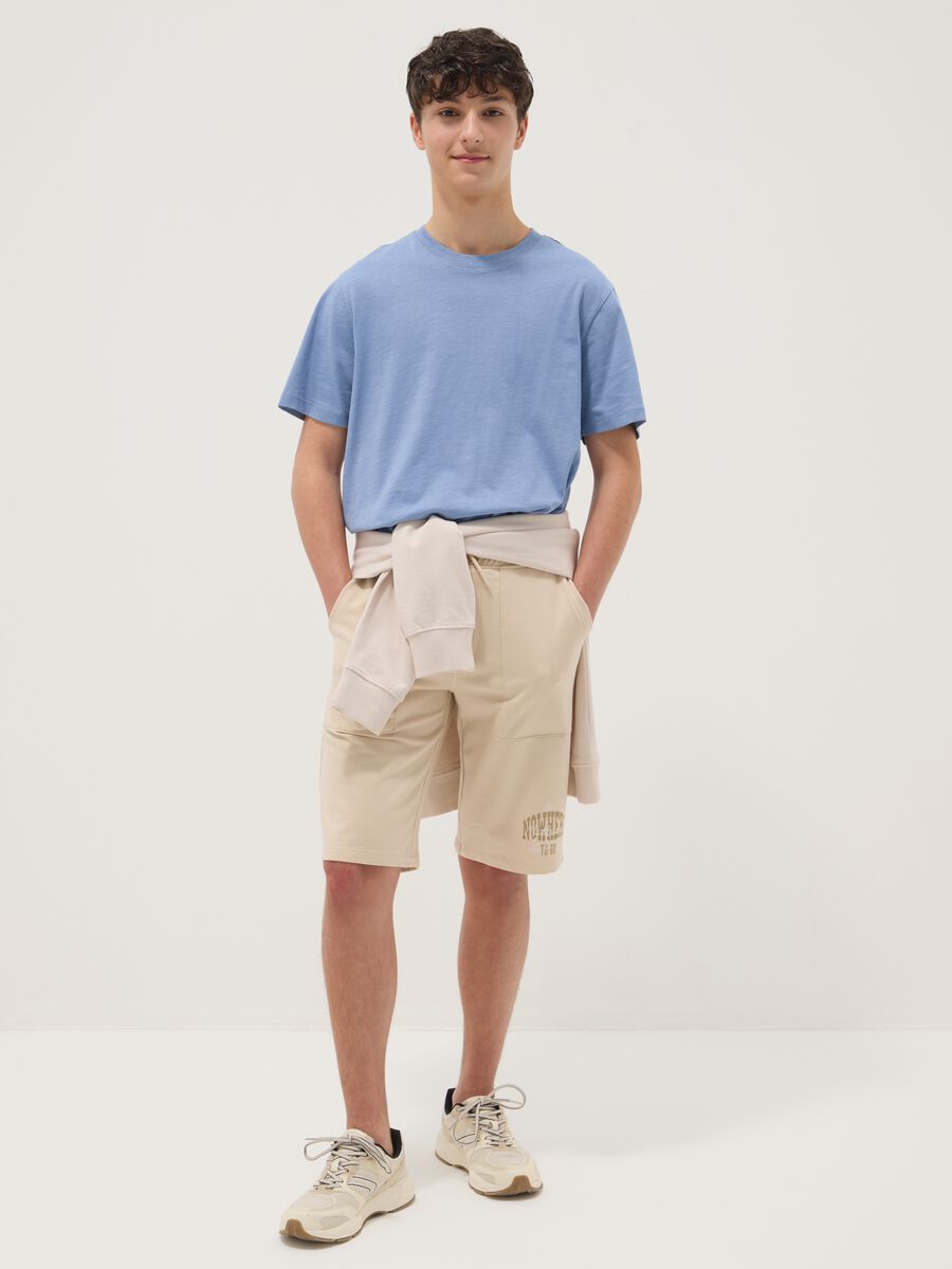 Beige pure cotton jogger shorts for boys with elasticated waist_0