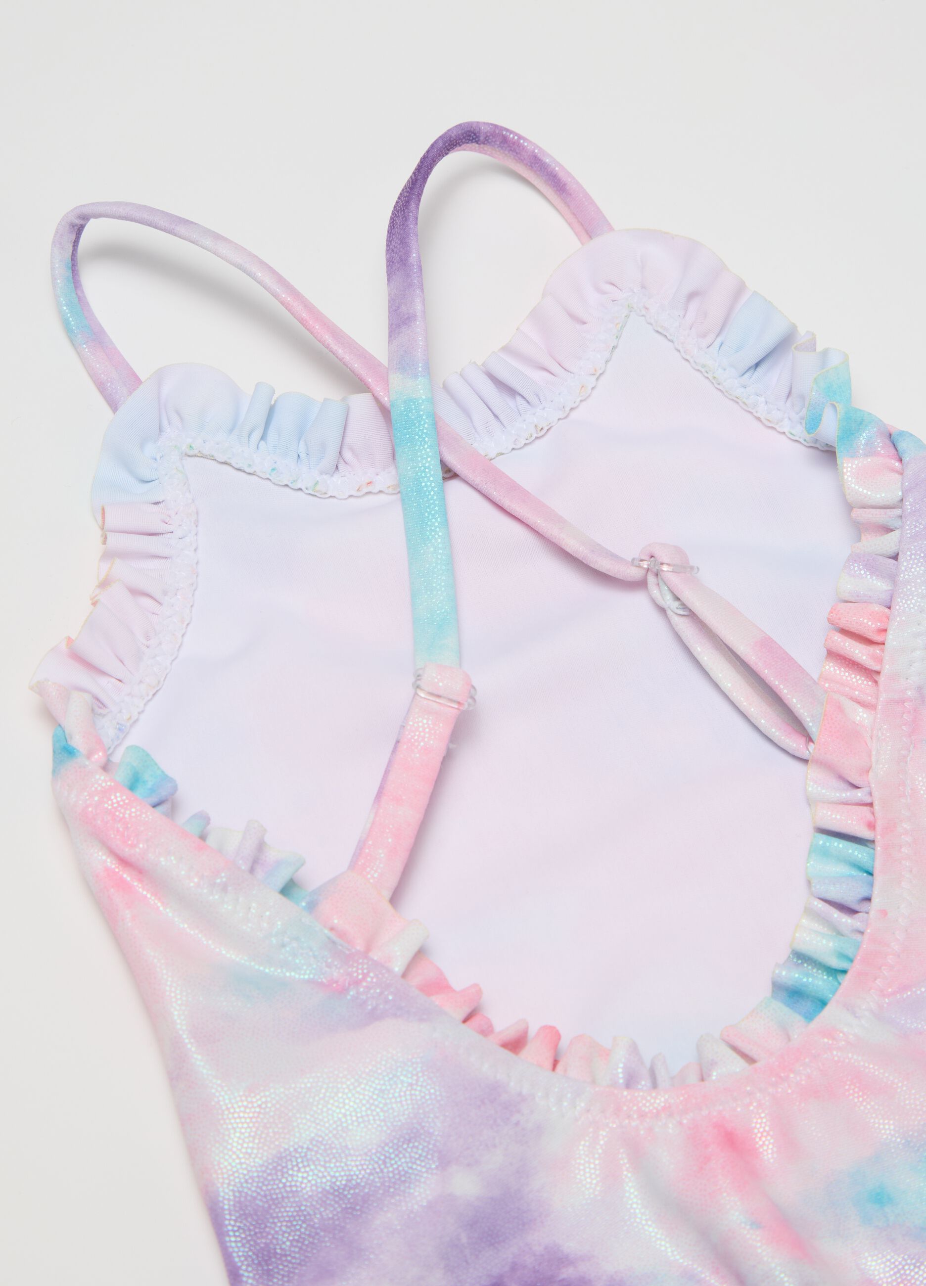 Costume intero da bambina in misto elasticizzato multicolor con volant decorativi