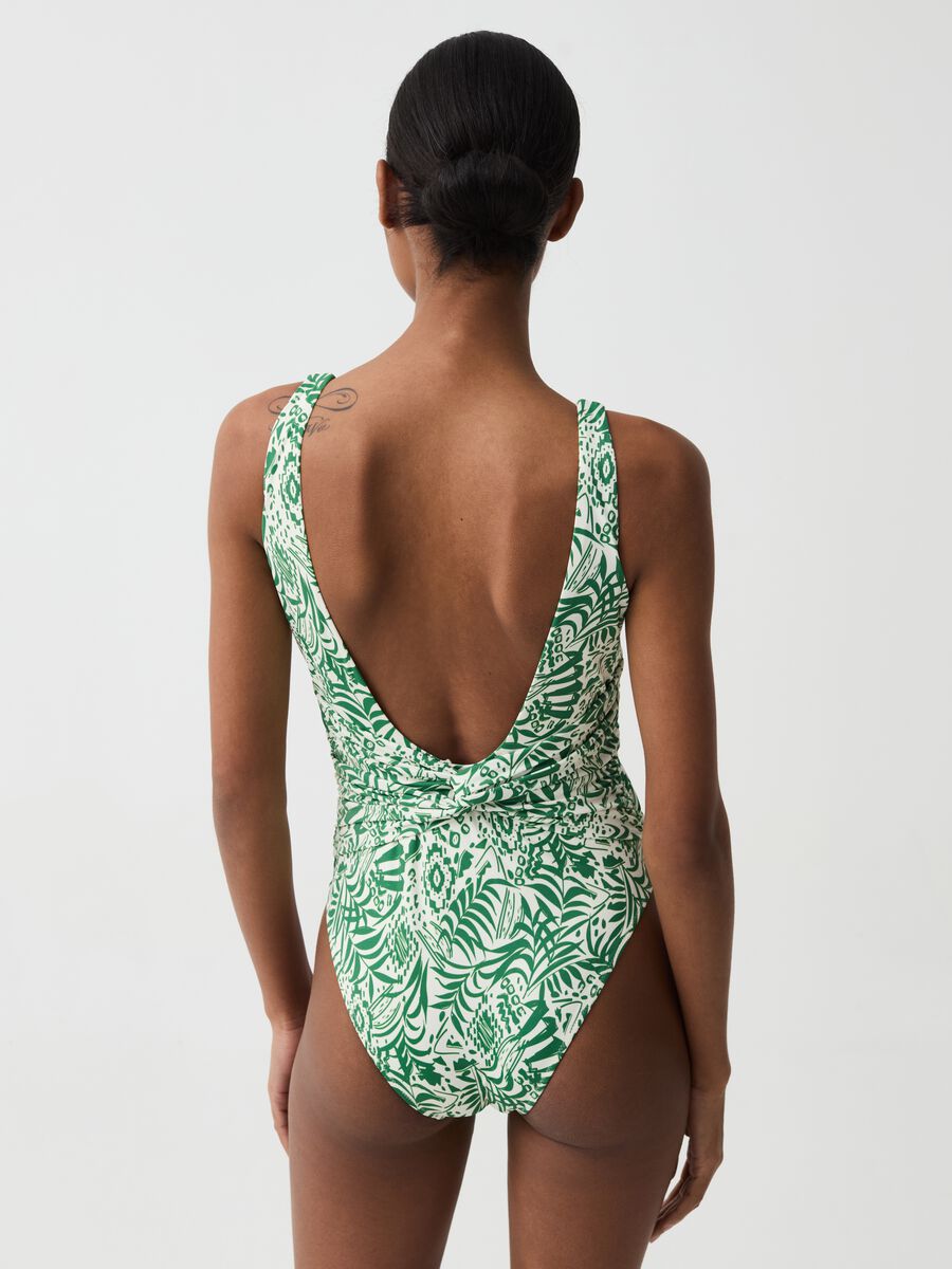 One-piece swimsuit with foliage print tie_1