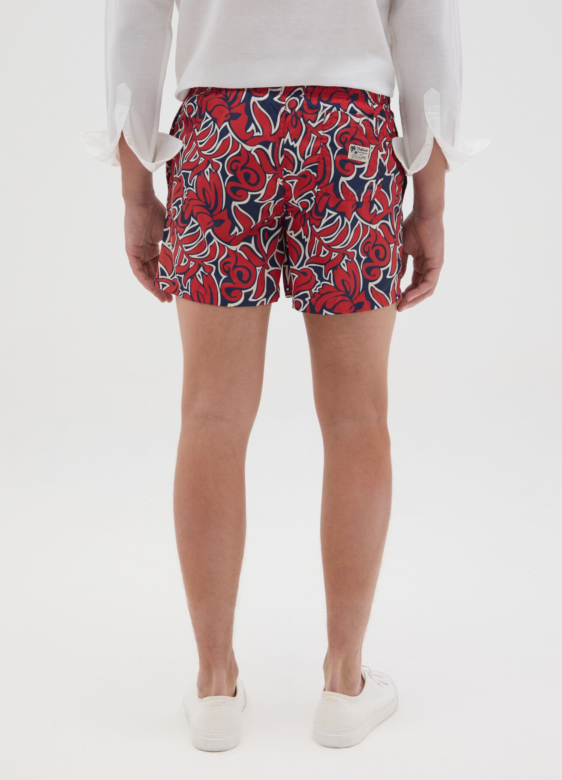 Red Floral Print Swim Shorts