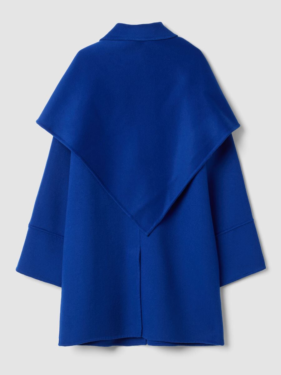 Cappotto blu in misto lana e viscosa con mantella_1