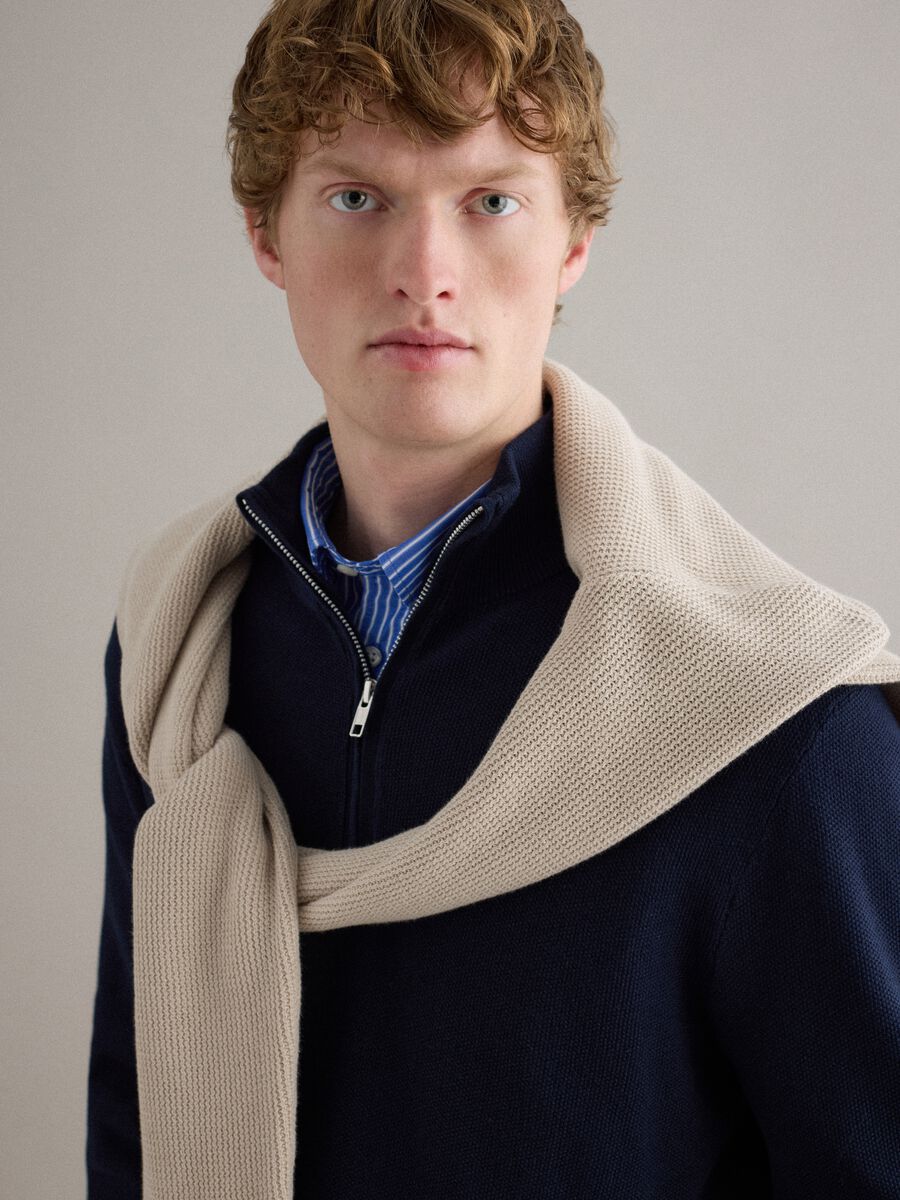 Pure cotton blue regular fit sweater with high neck and zip_3