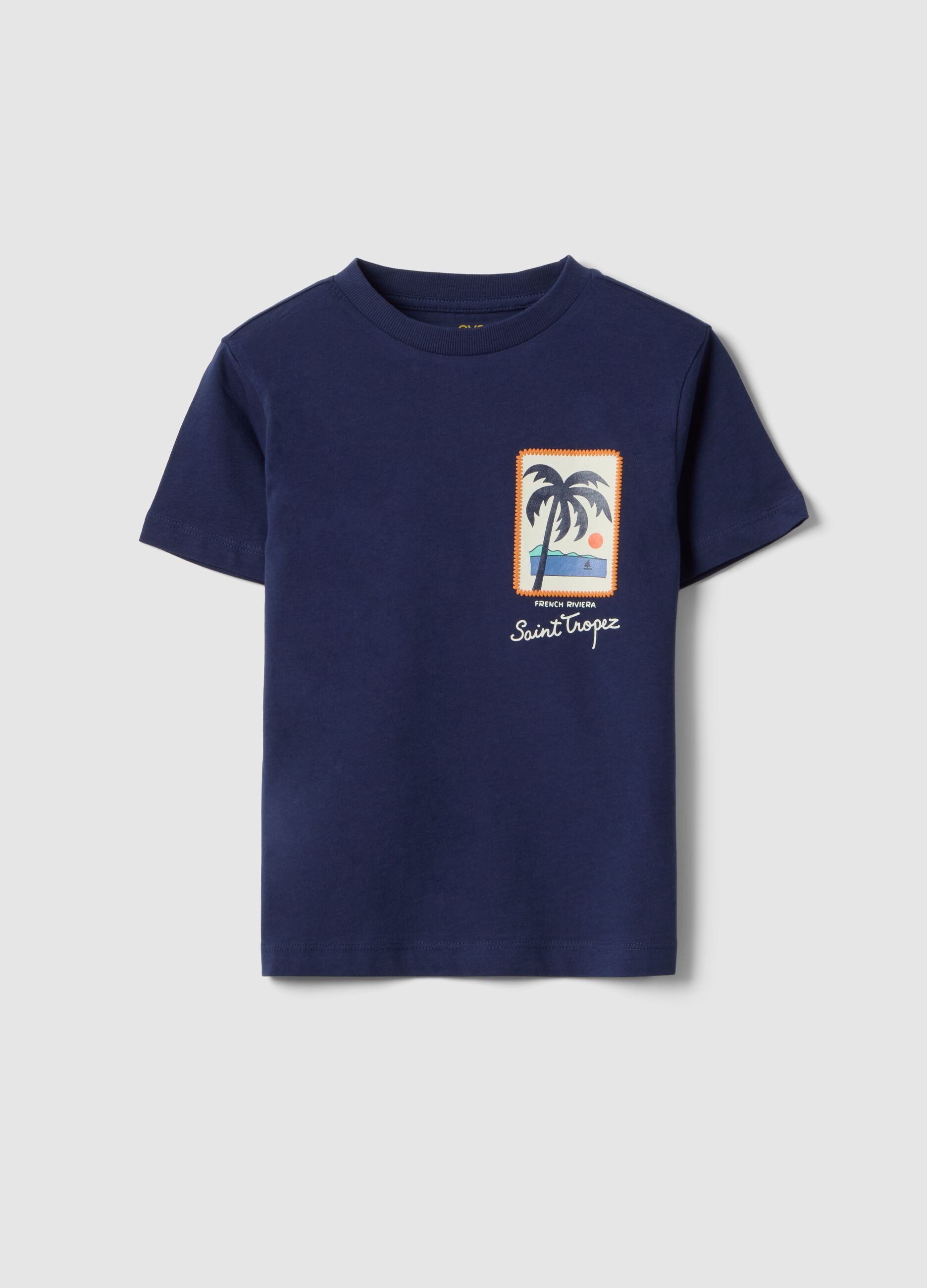 Boys' regular fit blue pure cotton T-shirt with palm print