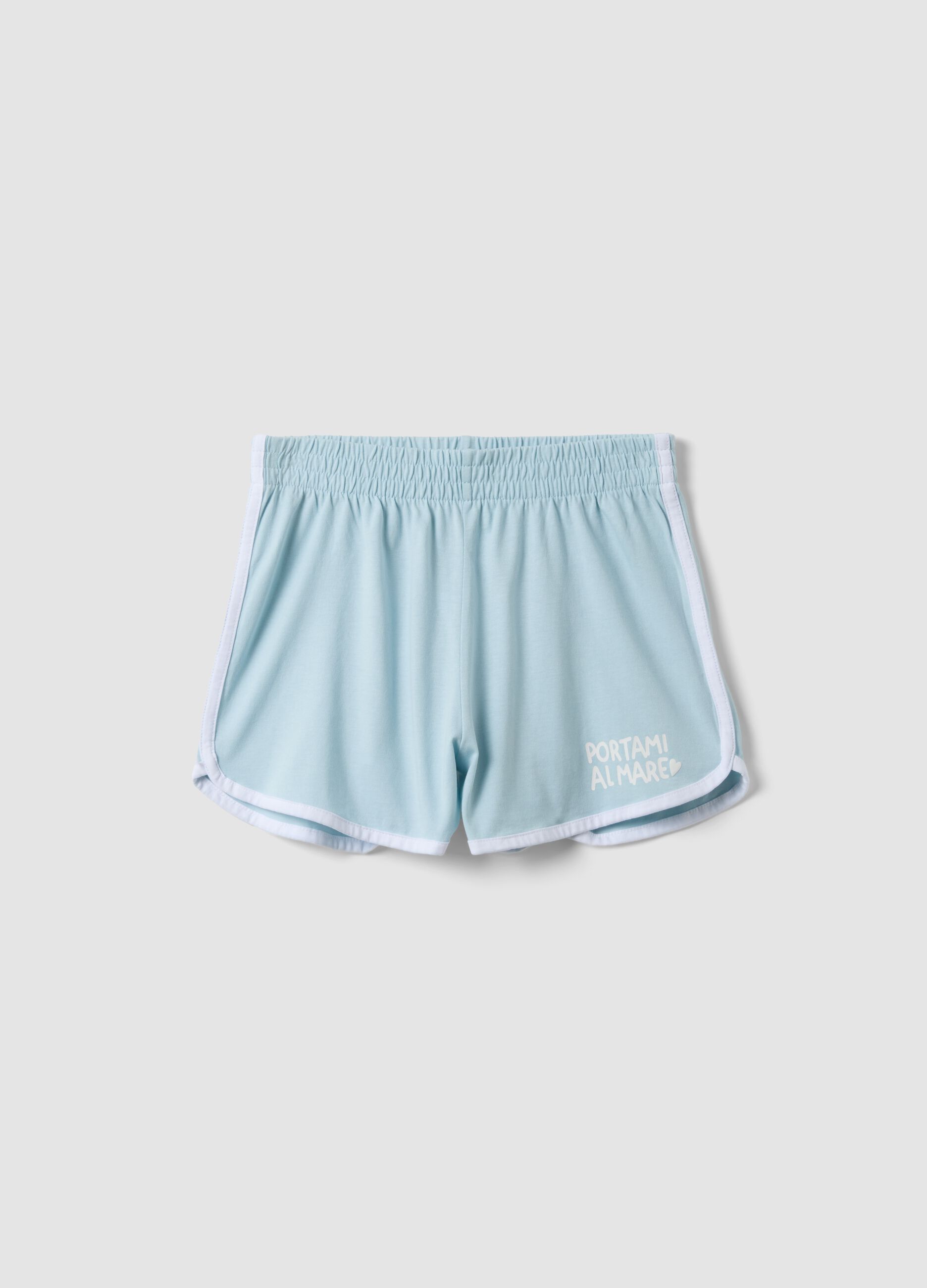 Shorts azzurri in puro cotone da ragazza slim fit con profili bianchi