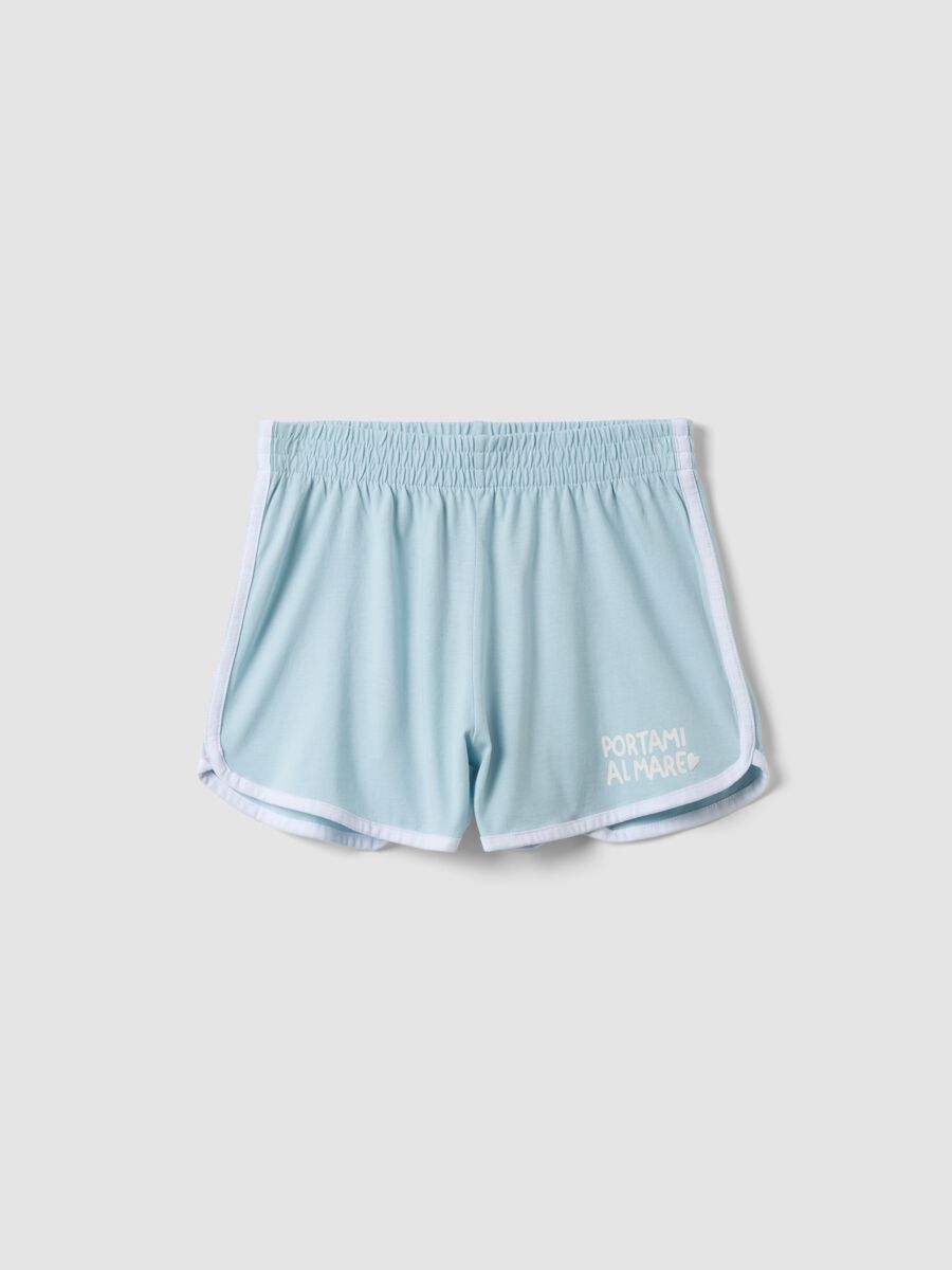 Shorts azzurri in puro cotone da ragazza slim fit con profili bianchi_0
