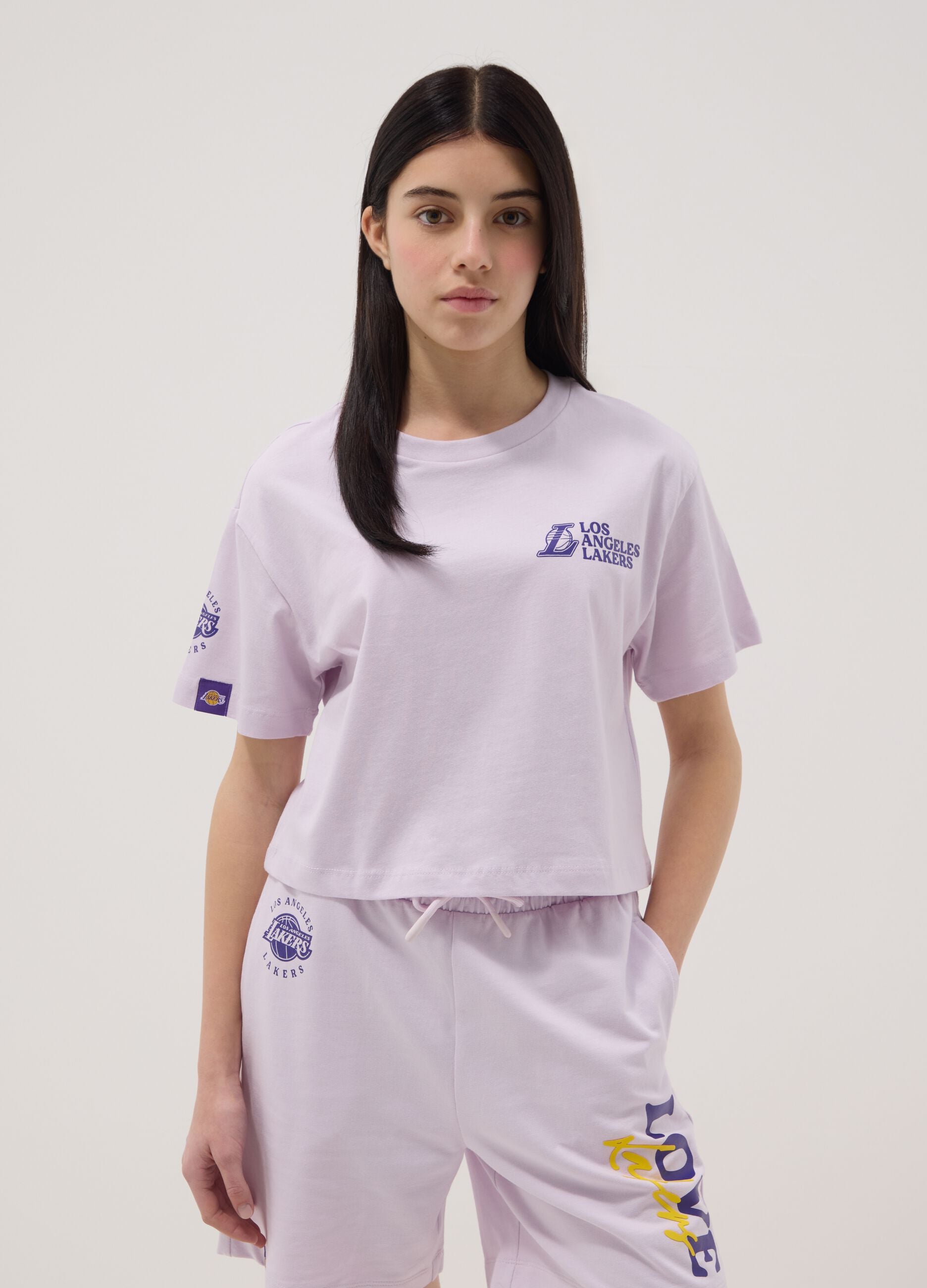 Girls' relaxed fit purple pure cotton T-shirt with Lakers prints