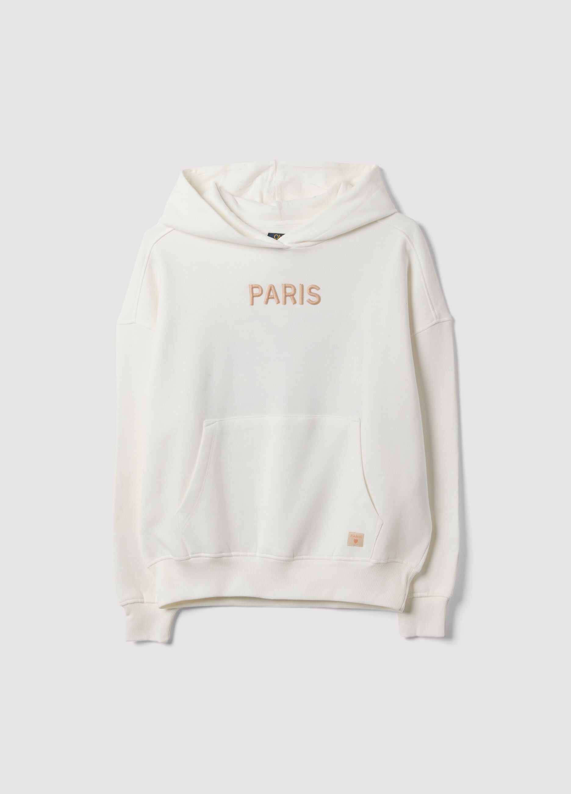 White 100% cotton oversized hoodie with &ldquo;Paris&rdquo; print