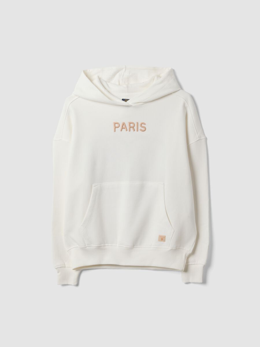 Felpa bianca in puro cotone con cappuccio over fit e scritta "Paris"_0