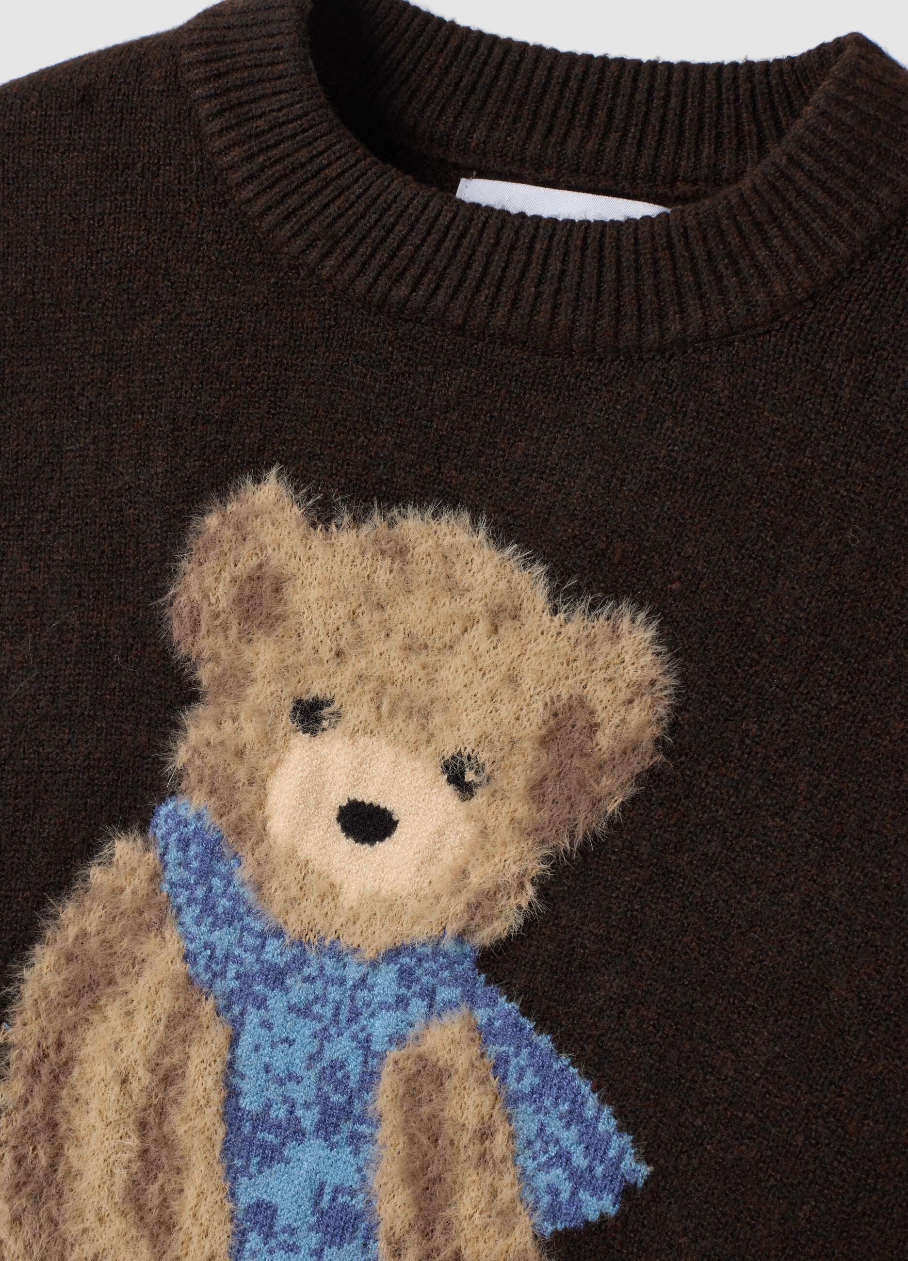 Brown stretch-viscose jumper with teddy bear motif