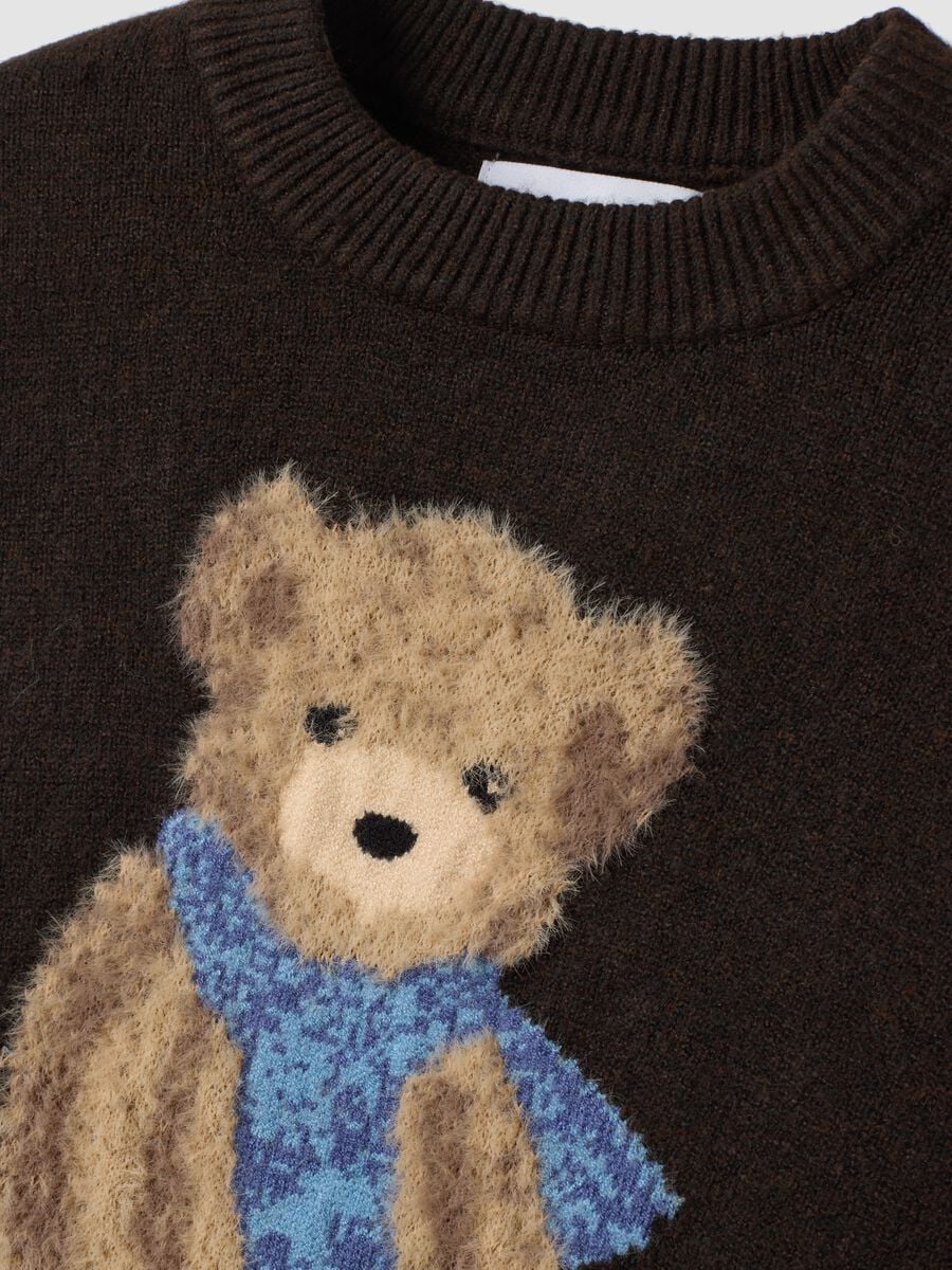 Brown stretch-viscose jumper with teddy bear motif_1