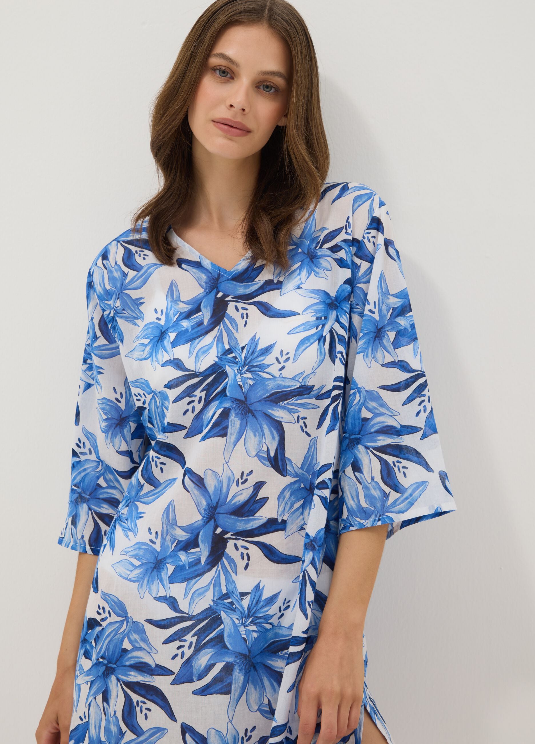 Multicoloured pure cotton kaftan with floral print