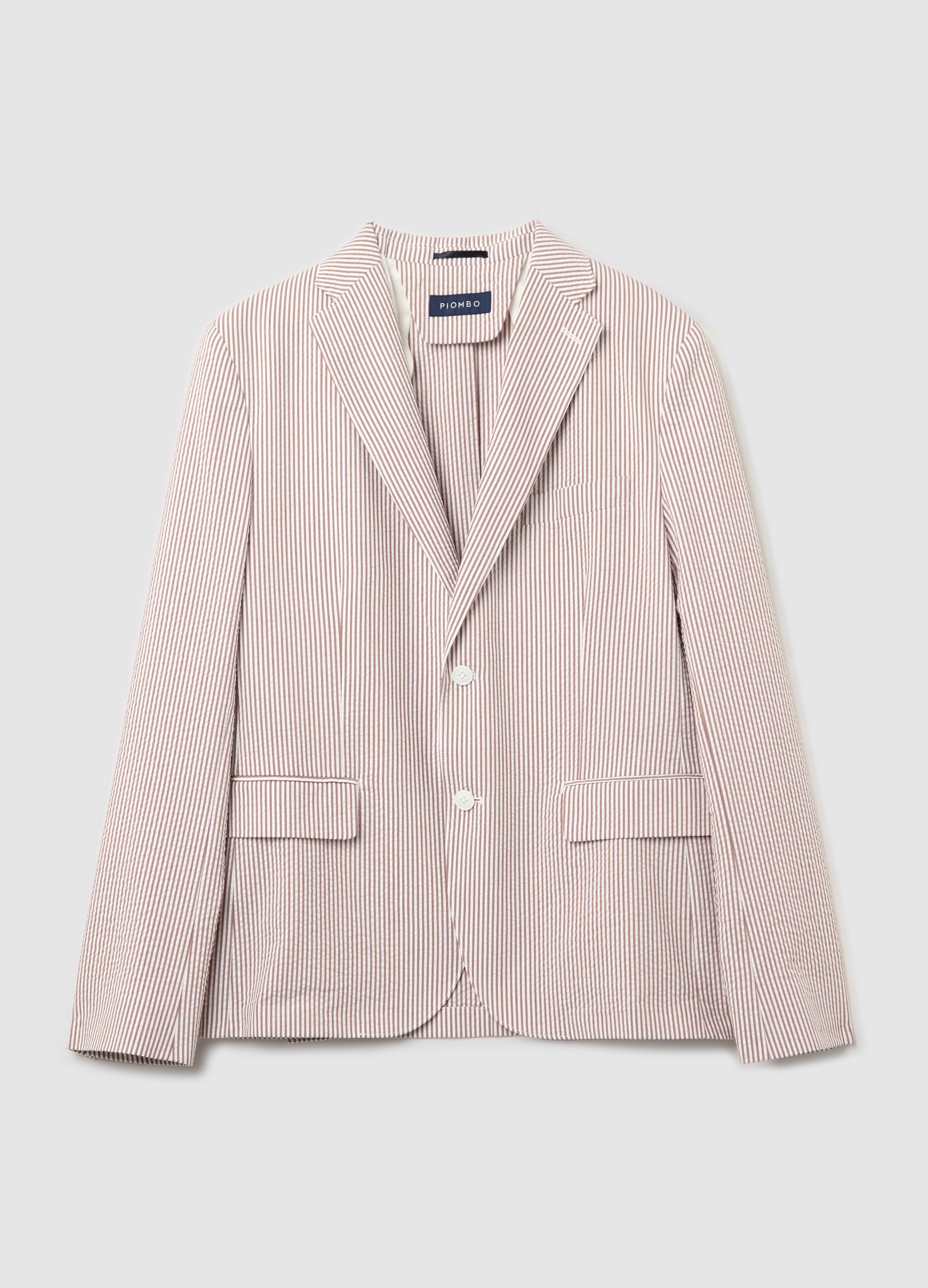 White and brown slim-fit blazer in striped seersucker