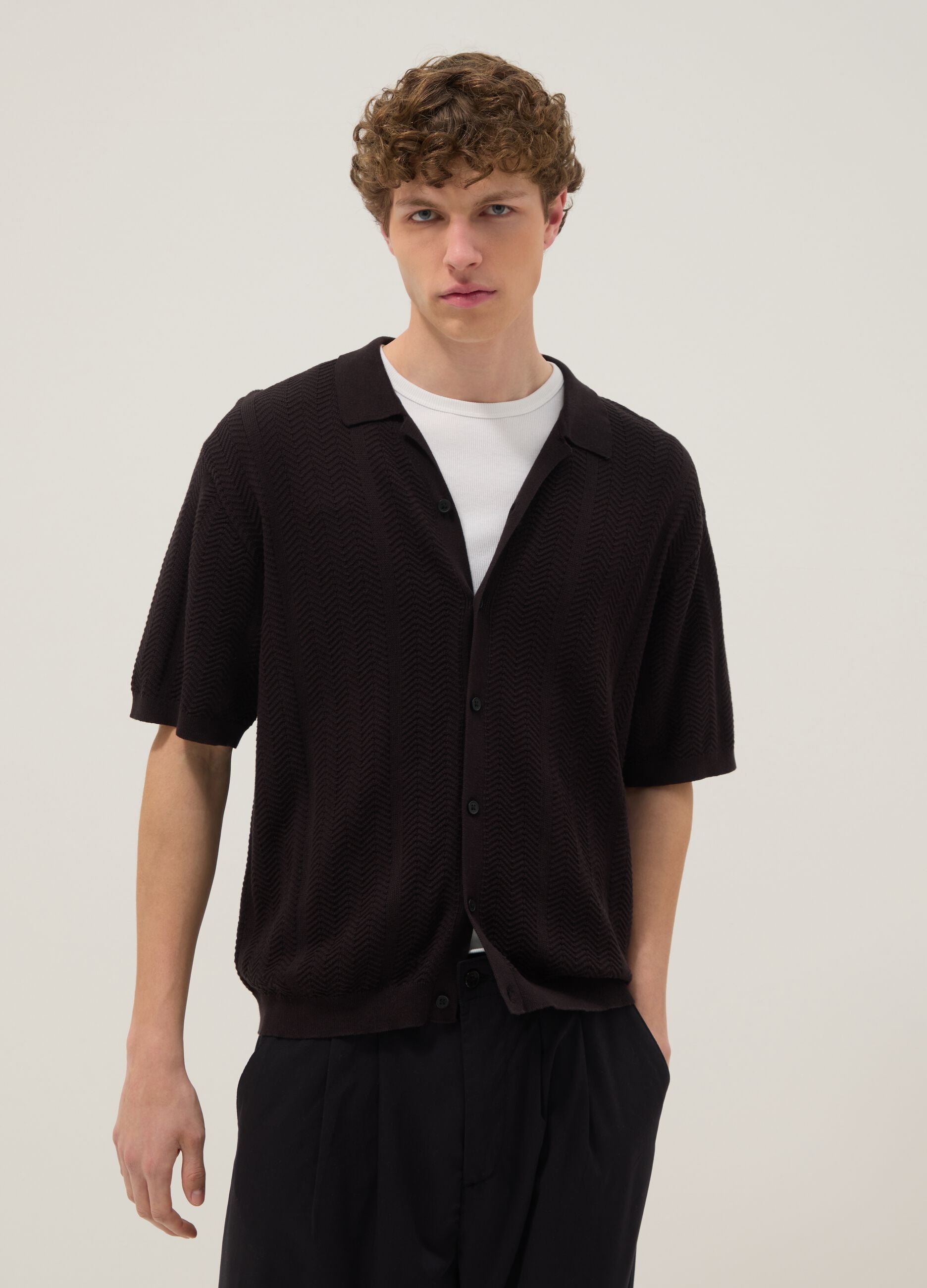 Brown pure cotton short-sleeve oversized shirt