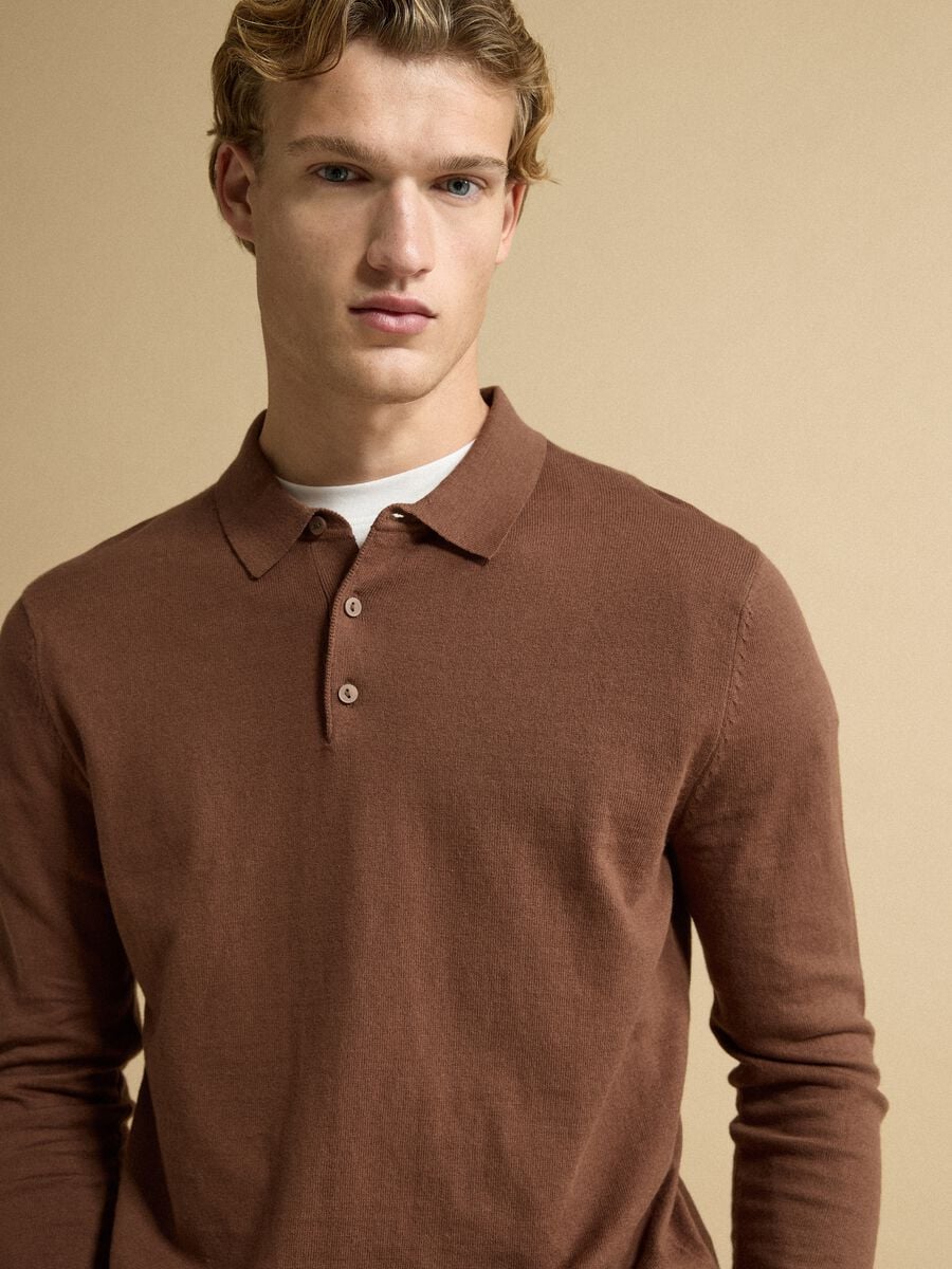 Polo marrone in misto cotone e cashmere a maniche lunghe regular fit_0