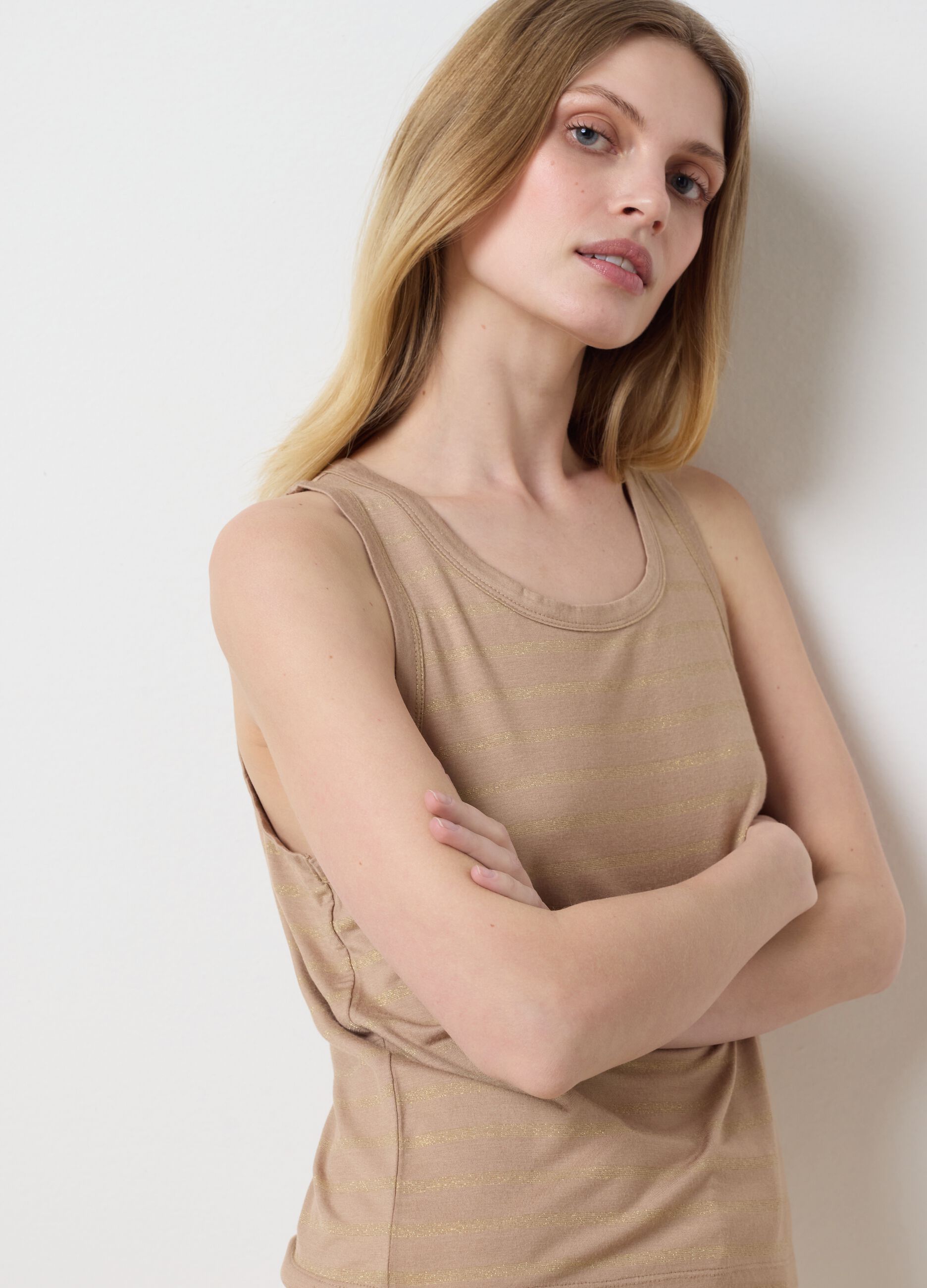 Women's beige viscose blend tank top, regular fit
