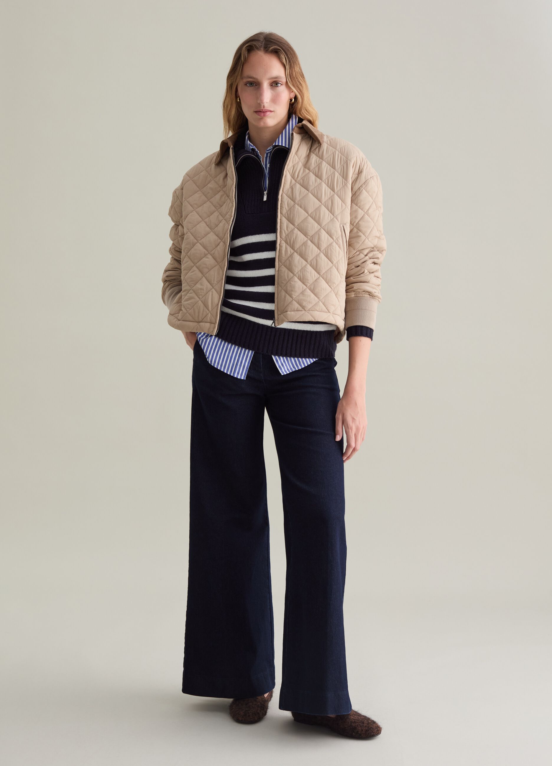 Short quilted jacket with collar in corduroy