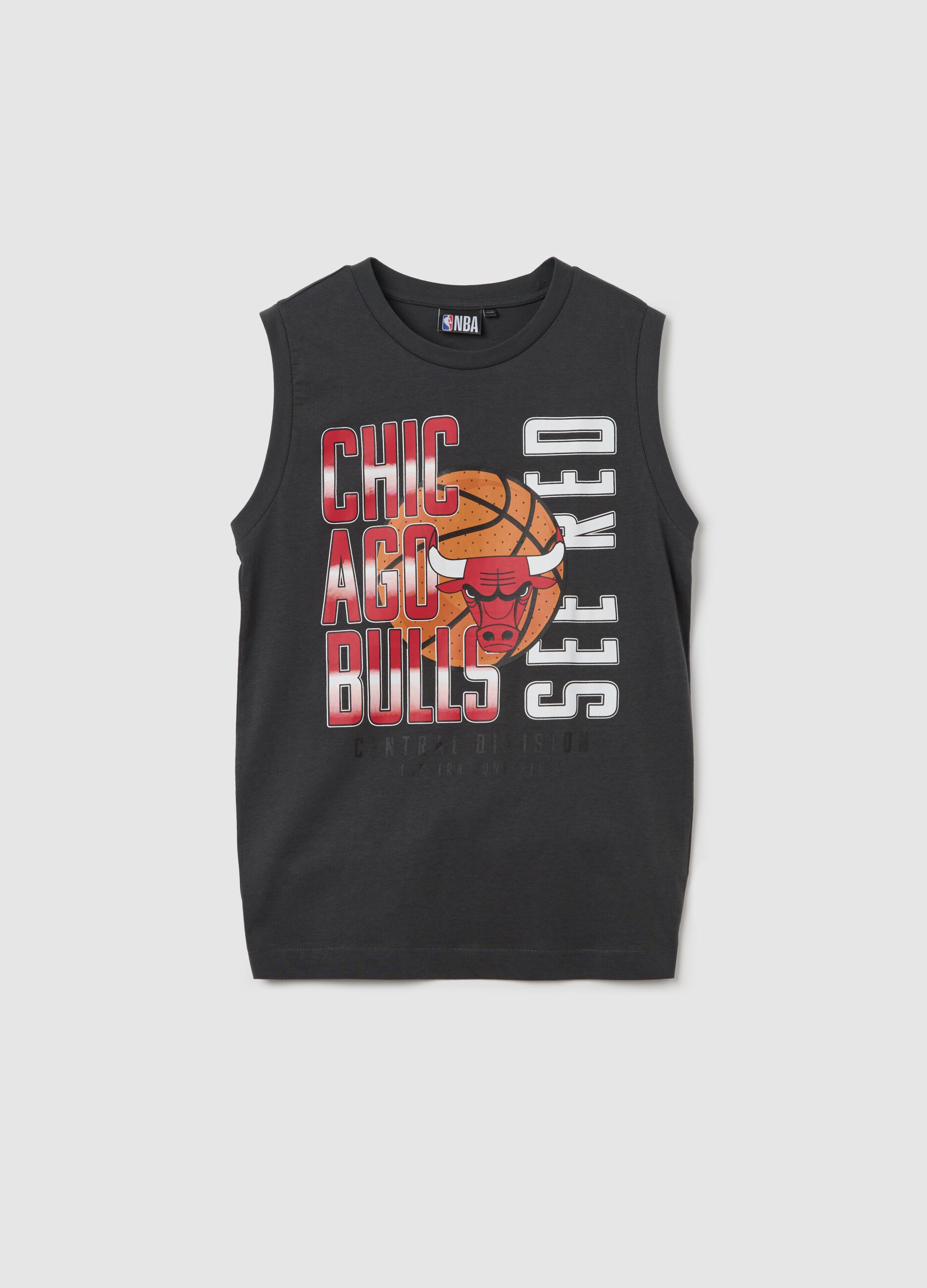 Black sleeveless top with Chicago Bulls print