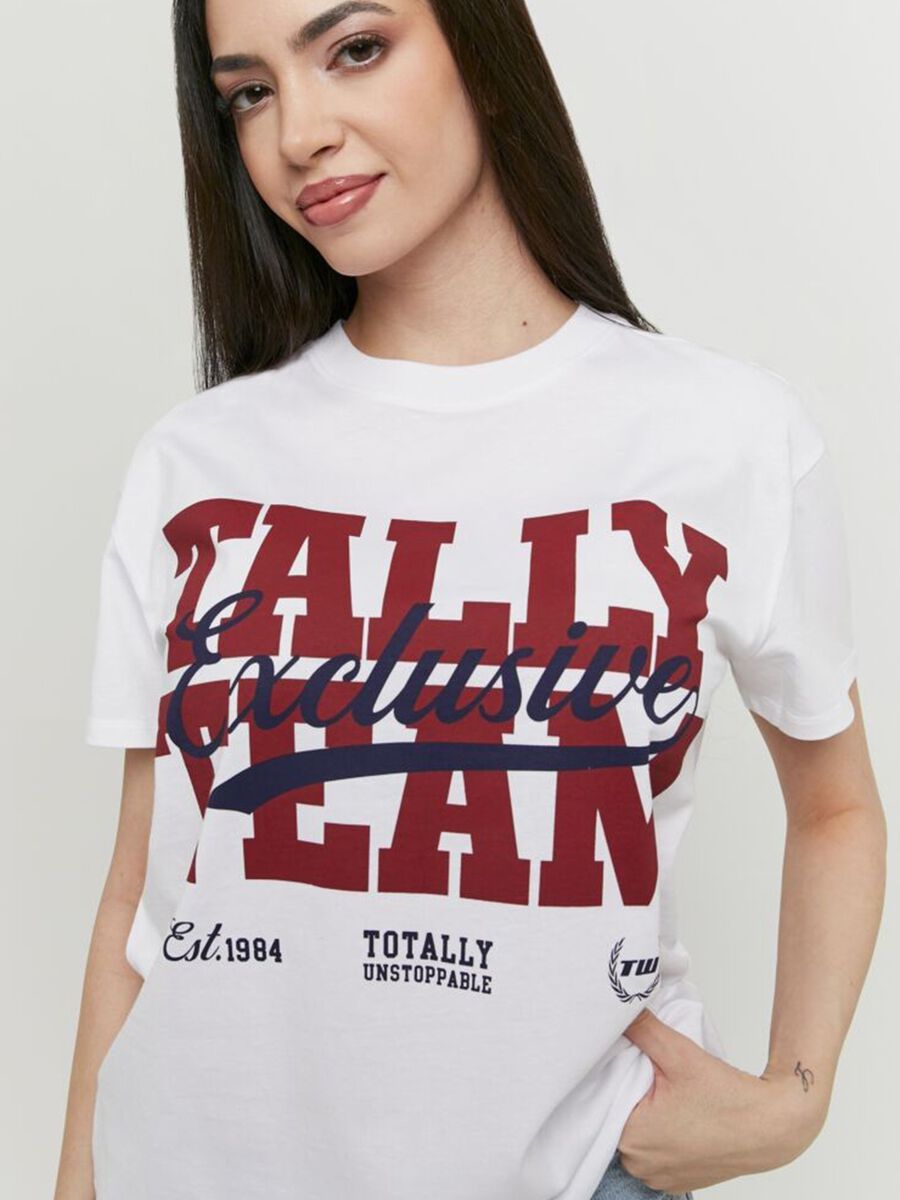 White pure cotton T-shirt with &ldquo;Tally Team&rdquo; print, regular fit_1