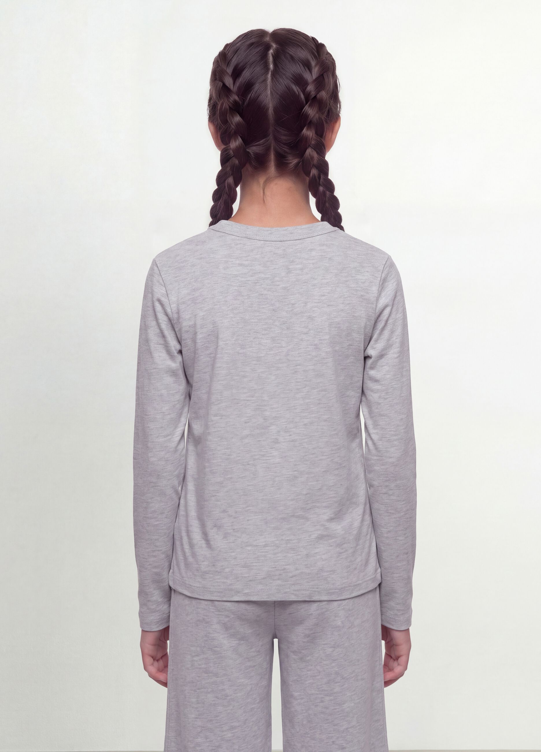 Grey organic cotton and stretch viscose T-shirt with ribbed neckline for girls