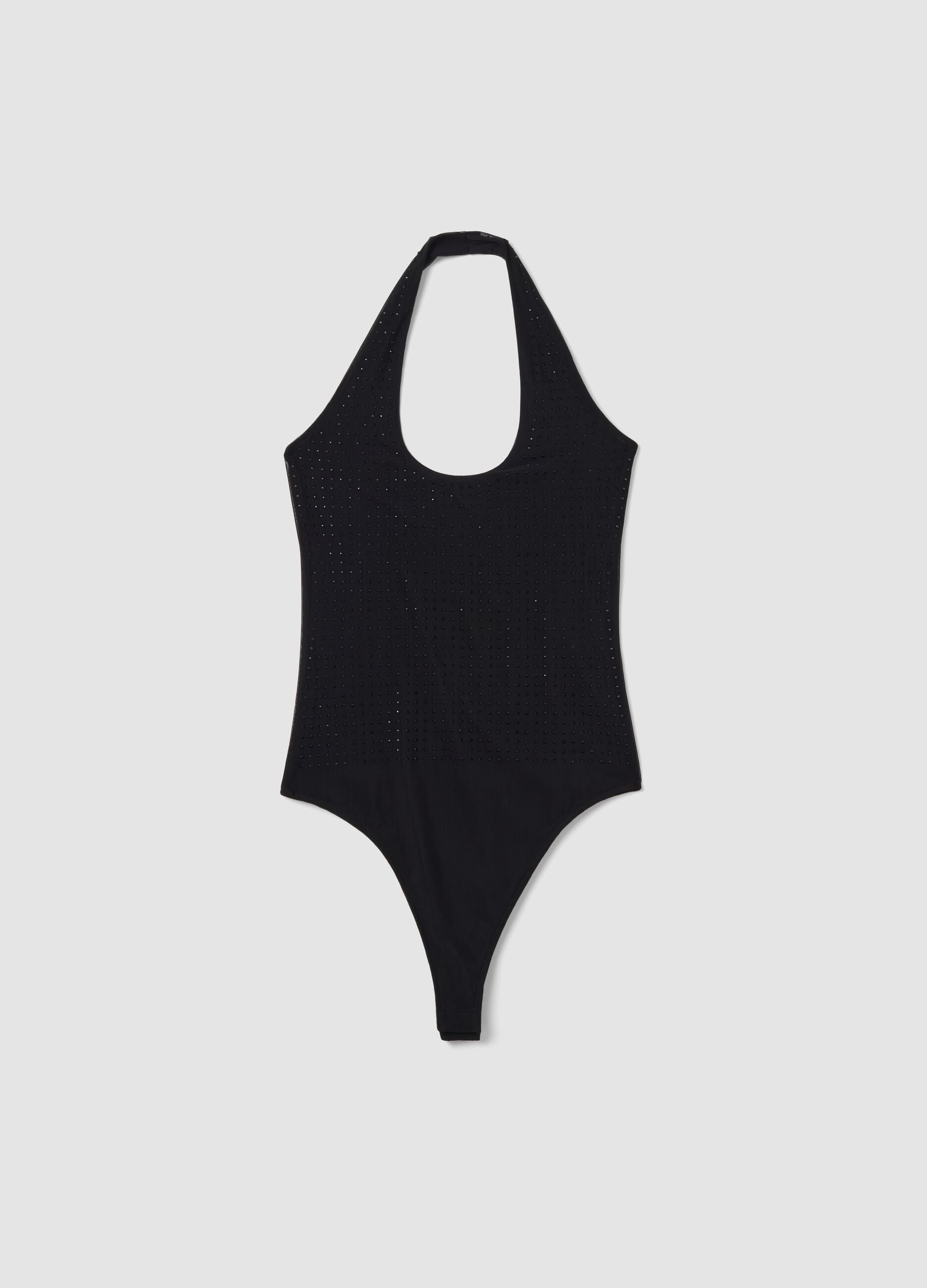Black stretch fabric bodysuit with rhinestones, regular fit