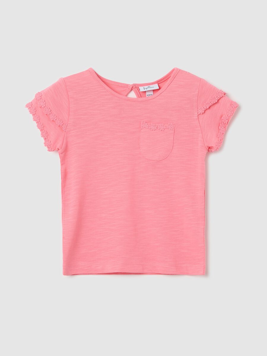 Pink cotton T-shirt with crochet flowers_0