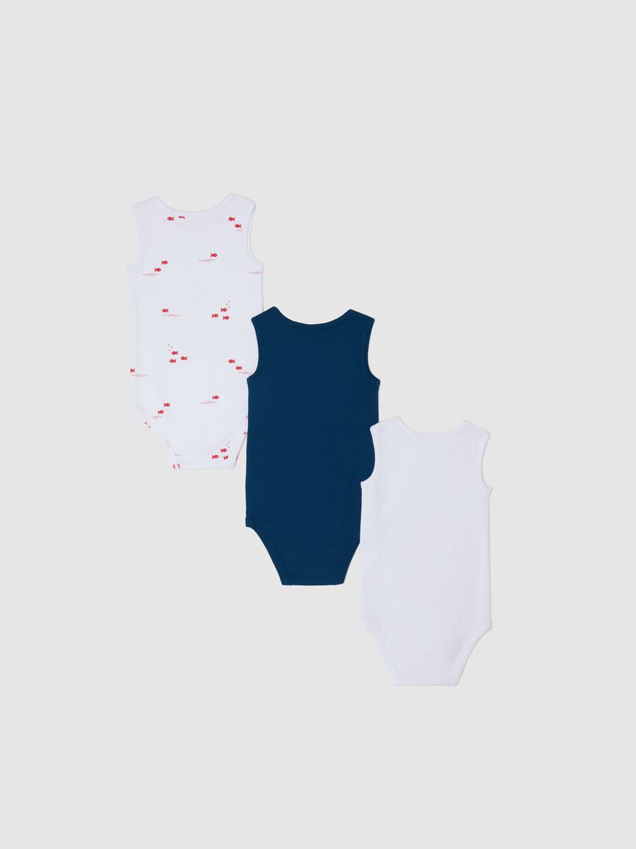 Three-pack white and blue bodysuits in organic cotton with print_1
