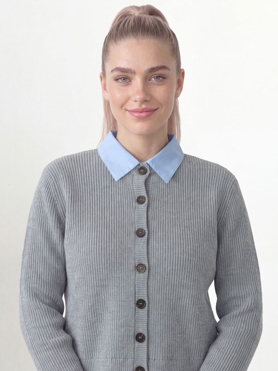 Cardigan grigio con colletto regular fit a coste effetto doppio strato_2