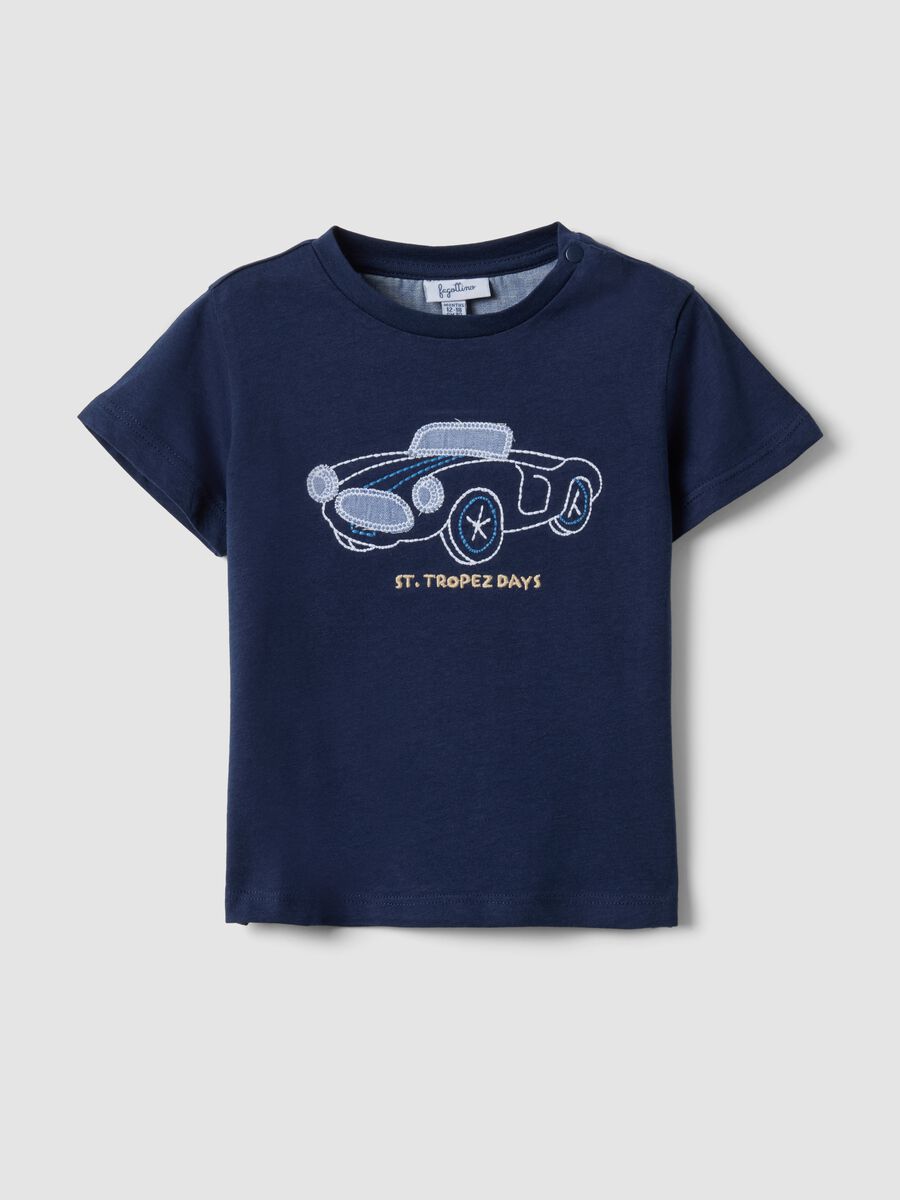 T-shirt in puro cotone blu da bimbo regular fit con macchina ricamata_0