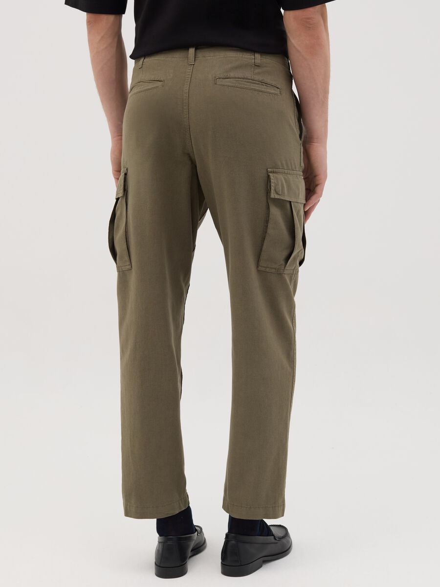 OVS Green Linen and Cotton Cargo Trousers_3