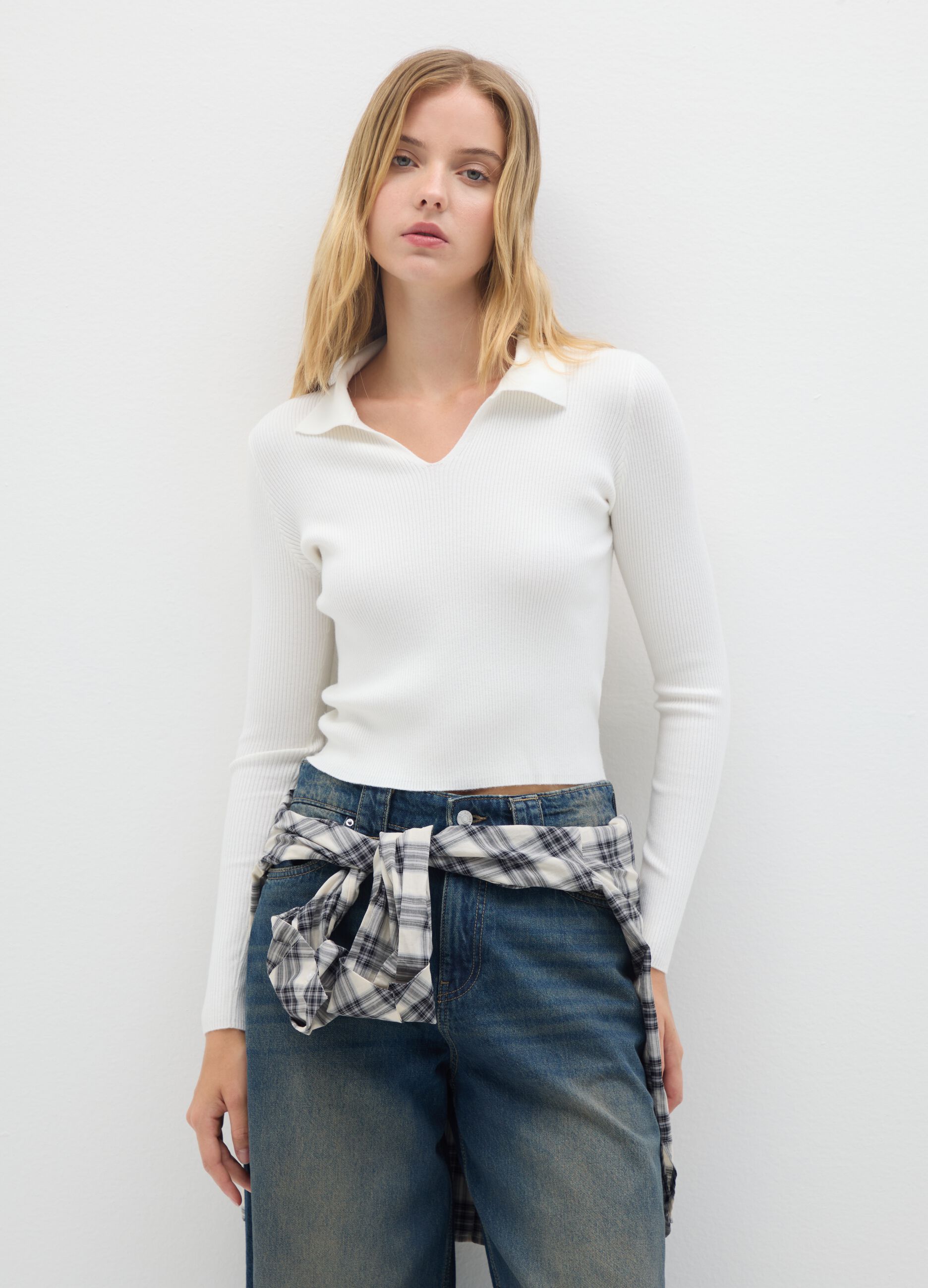 White Viscose Blend Fitted Jumper