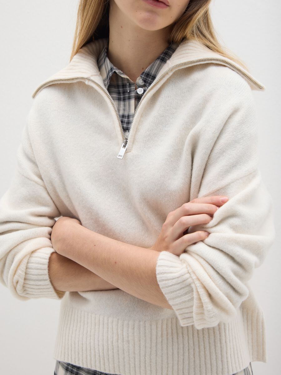White Wool Blend Zip Pullover_3