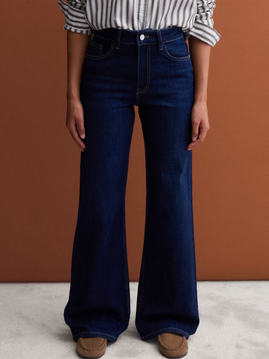 Blue stretch cotton wide-leg jeans_1
