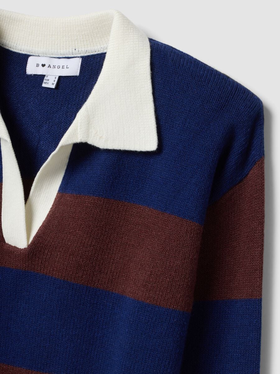 Blue striped viscose-blend polo-collar top, regular fit_5