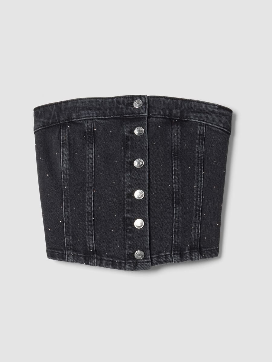 Top bandeau nero crop in cotone elasticizzato denim_0