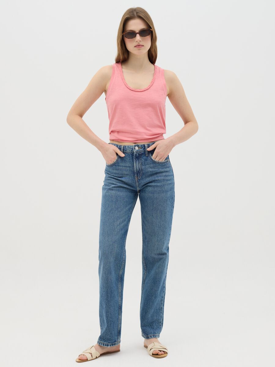 Canotta da donna in puro cotone rosa regular fit con dettaglio_1