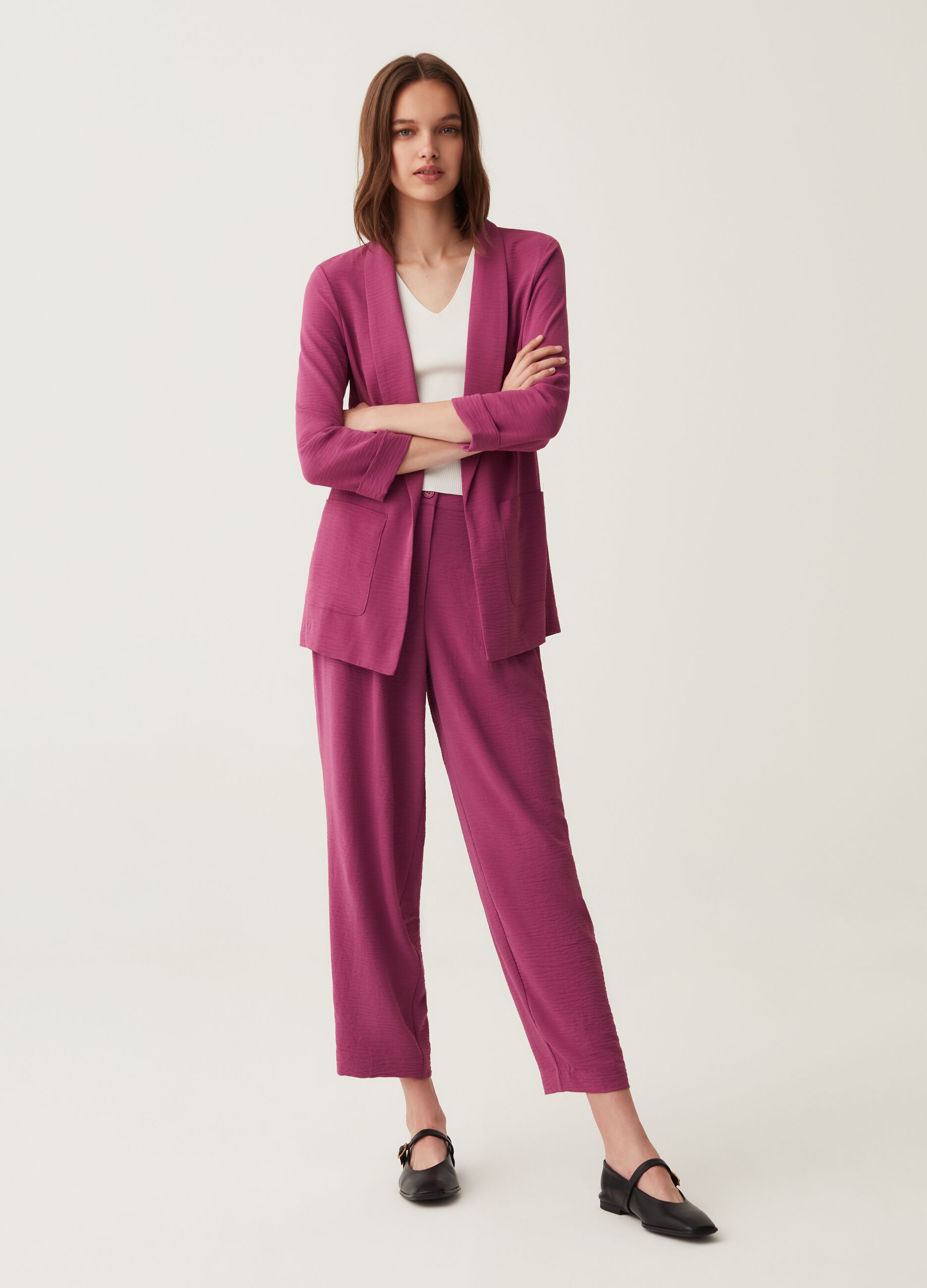 Blazer aperto in tessuto fluido_0