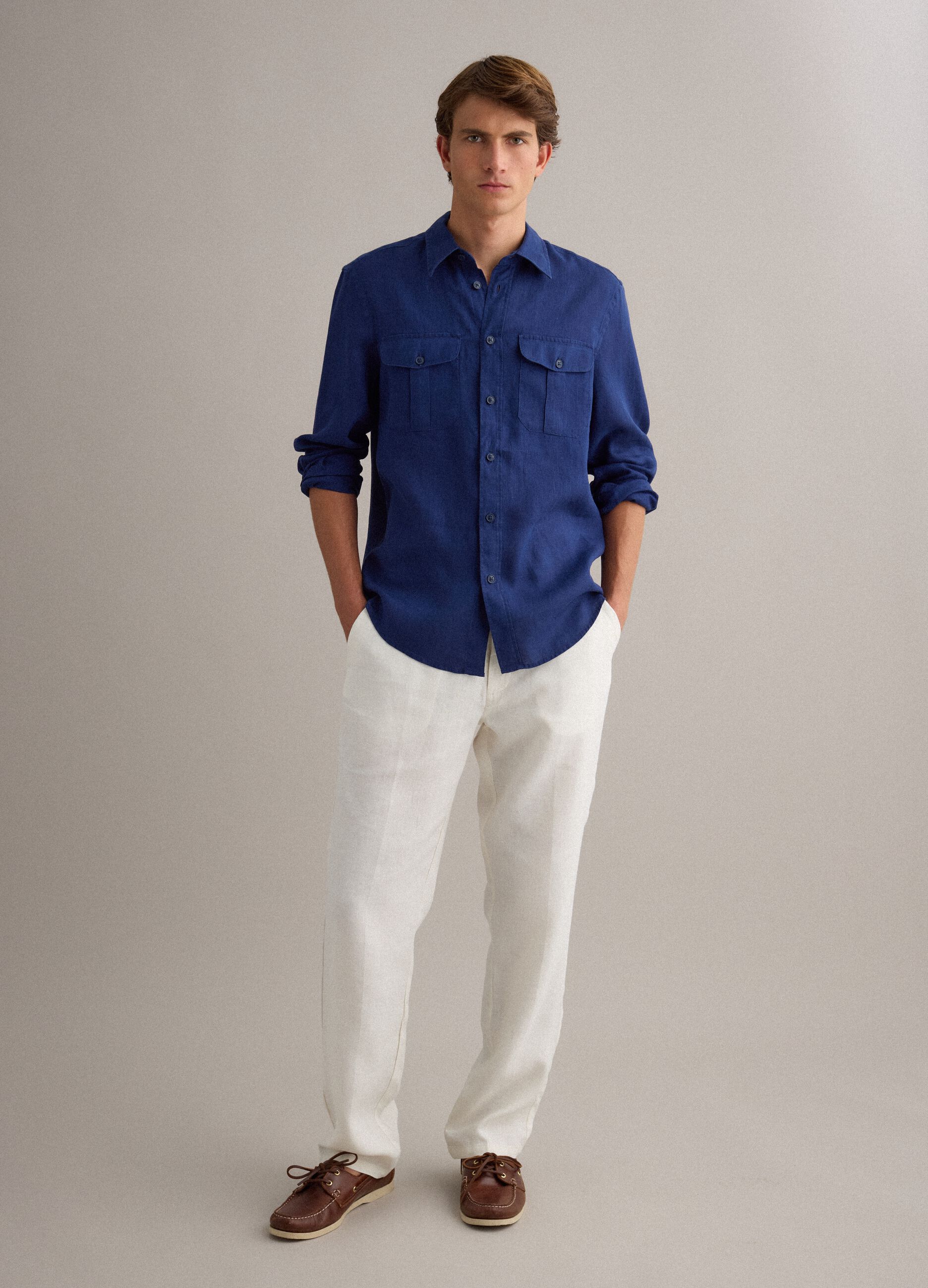 Blue regular-fit pure linen shirt with double pocket