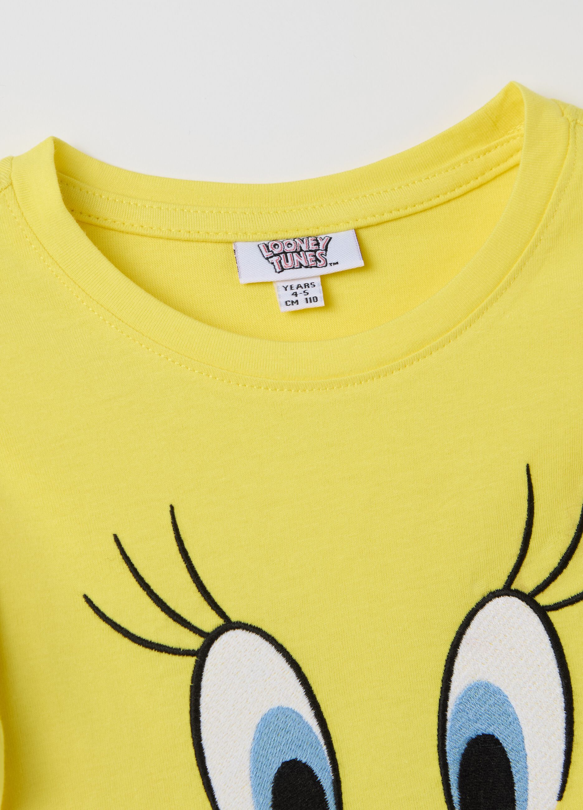 Yellow T-shirt with Tweetie Pie embroidery in cotton