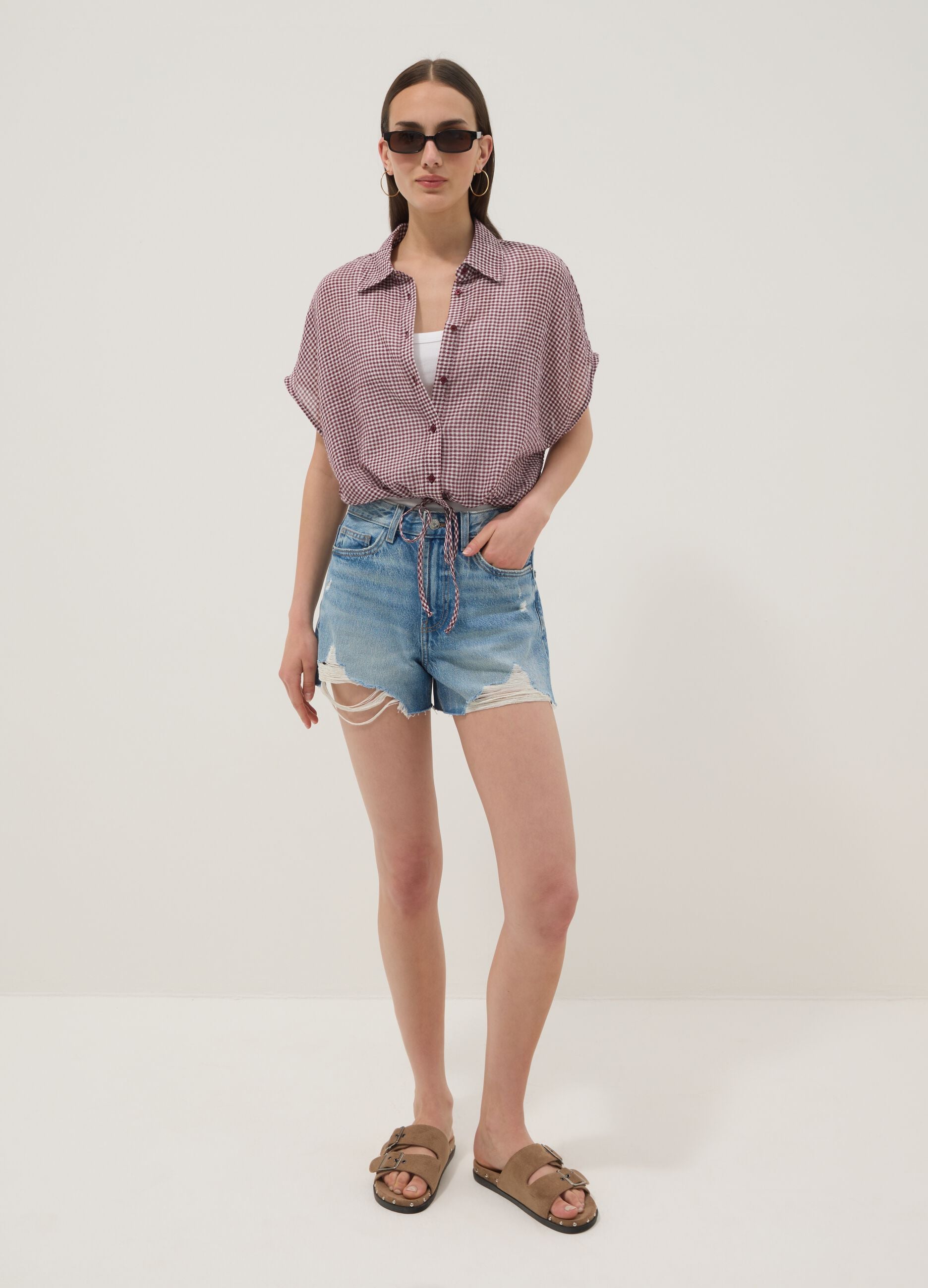 Multicolour gingham crop shirt in stretch cotton