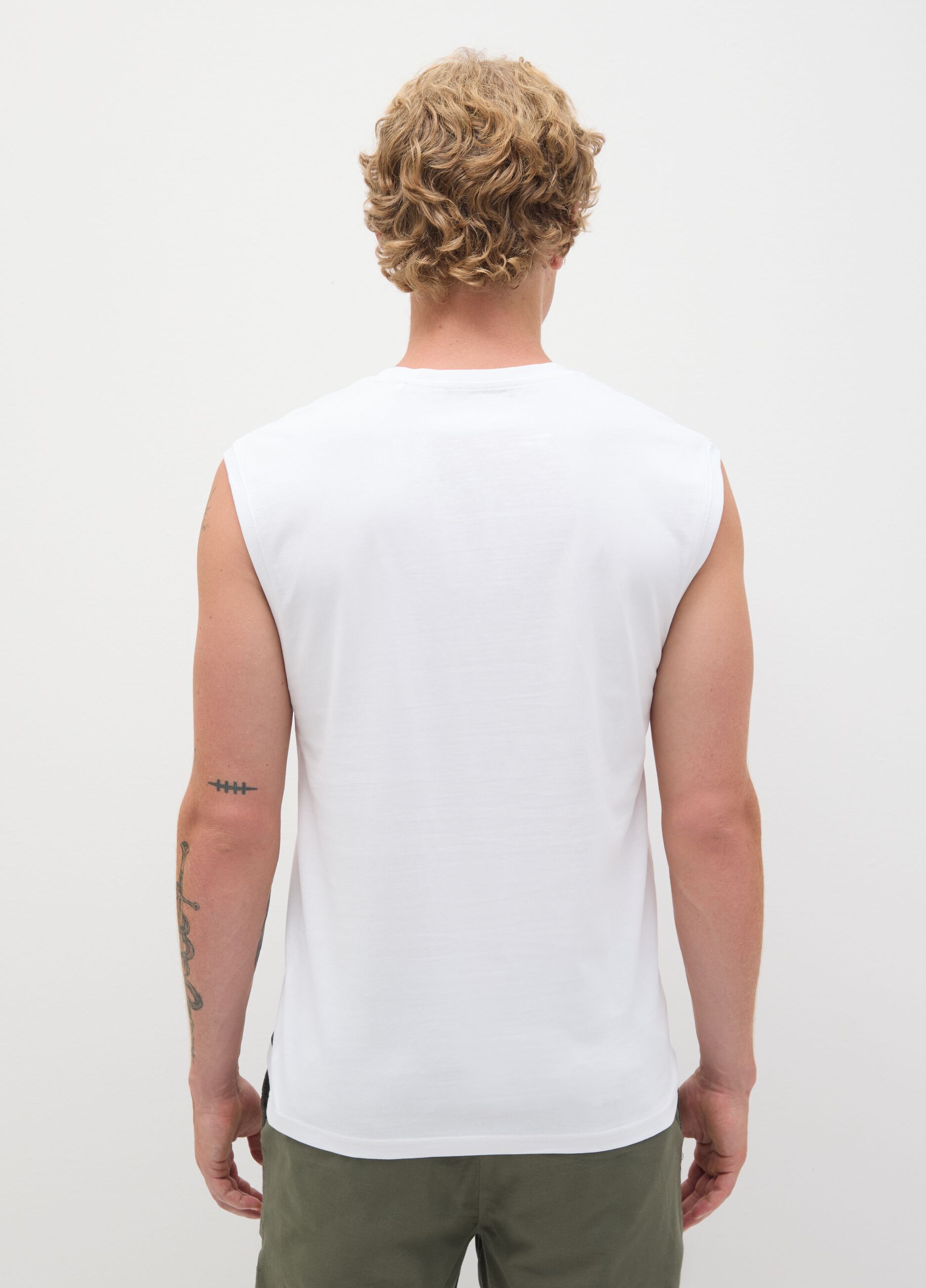 Men's white pure cotton tank top regular fit with embroidery