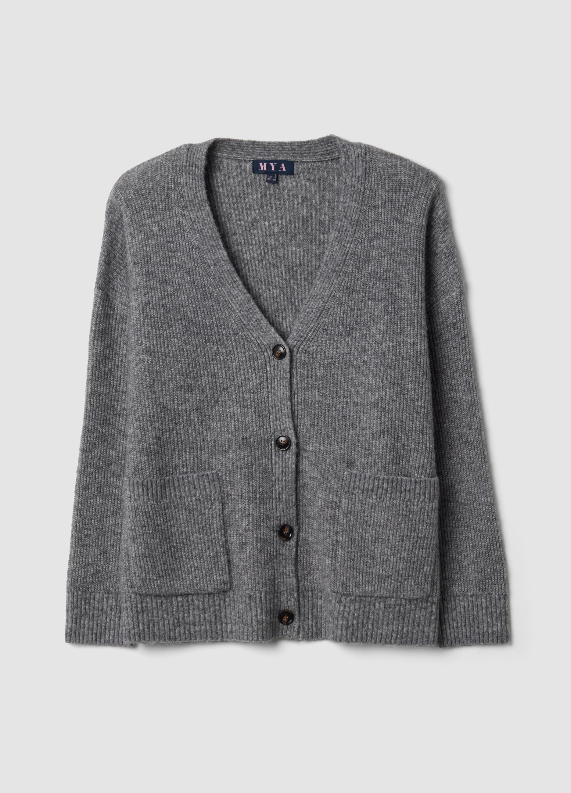 Cardigan grigio in tessuto elasticizzato con scollo profondo a V