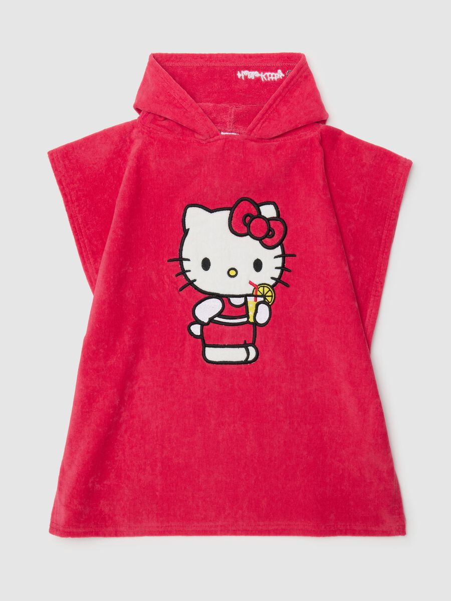 Girls' pure cotton red poncho with hood featuring Hello Kitty print_0