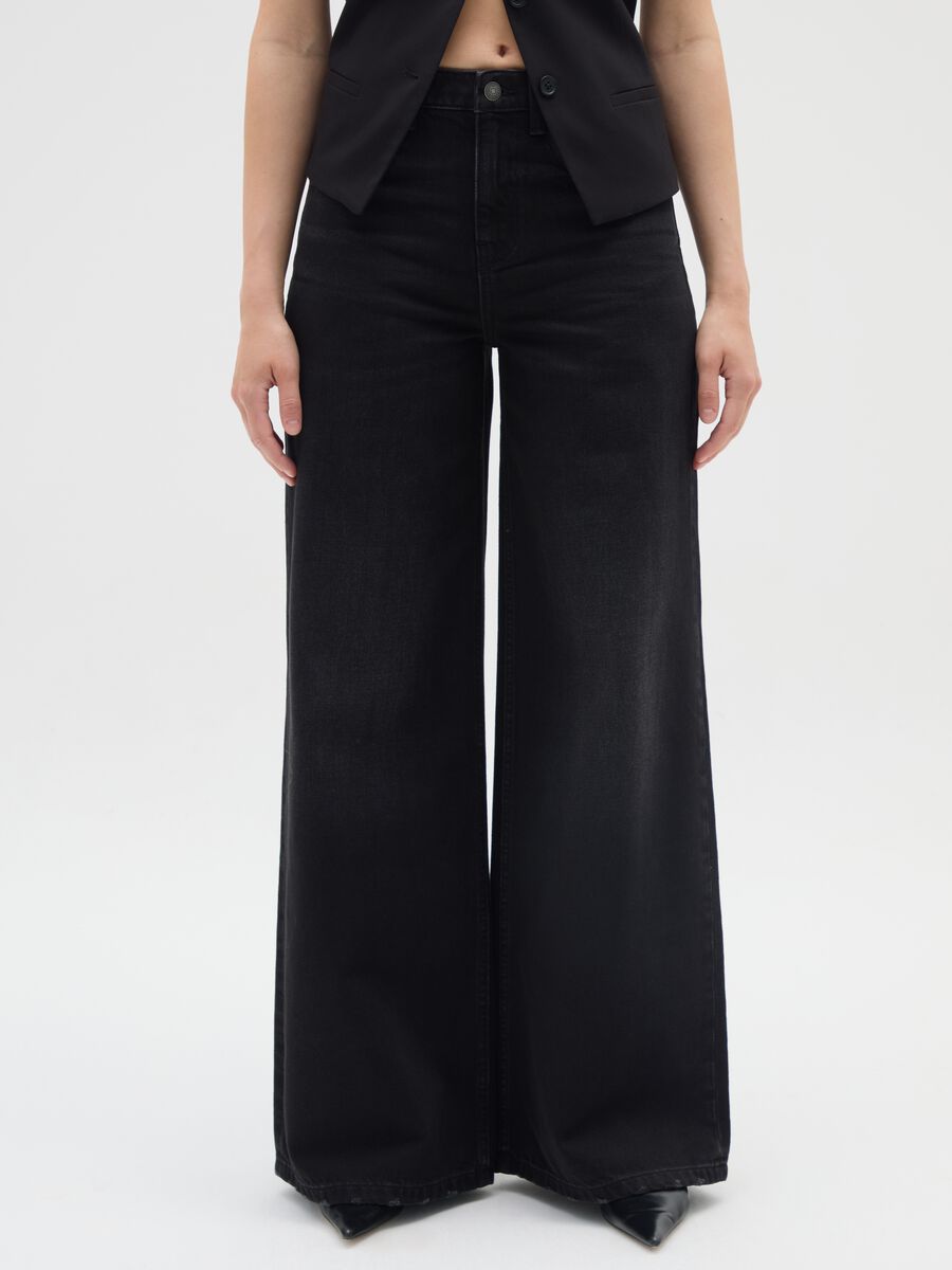 Black wide leg cotton jeans_1