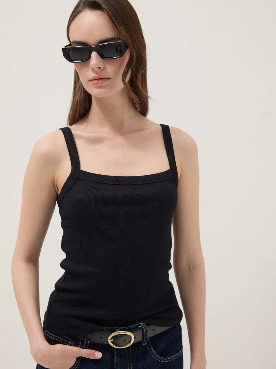 Tank top nero in puro cotone a costine_0