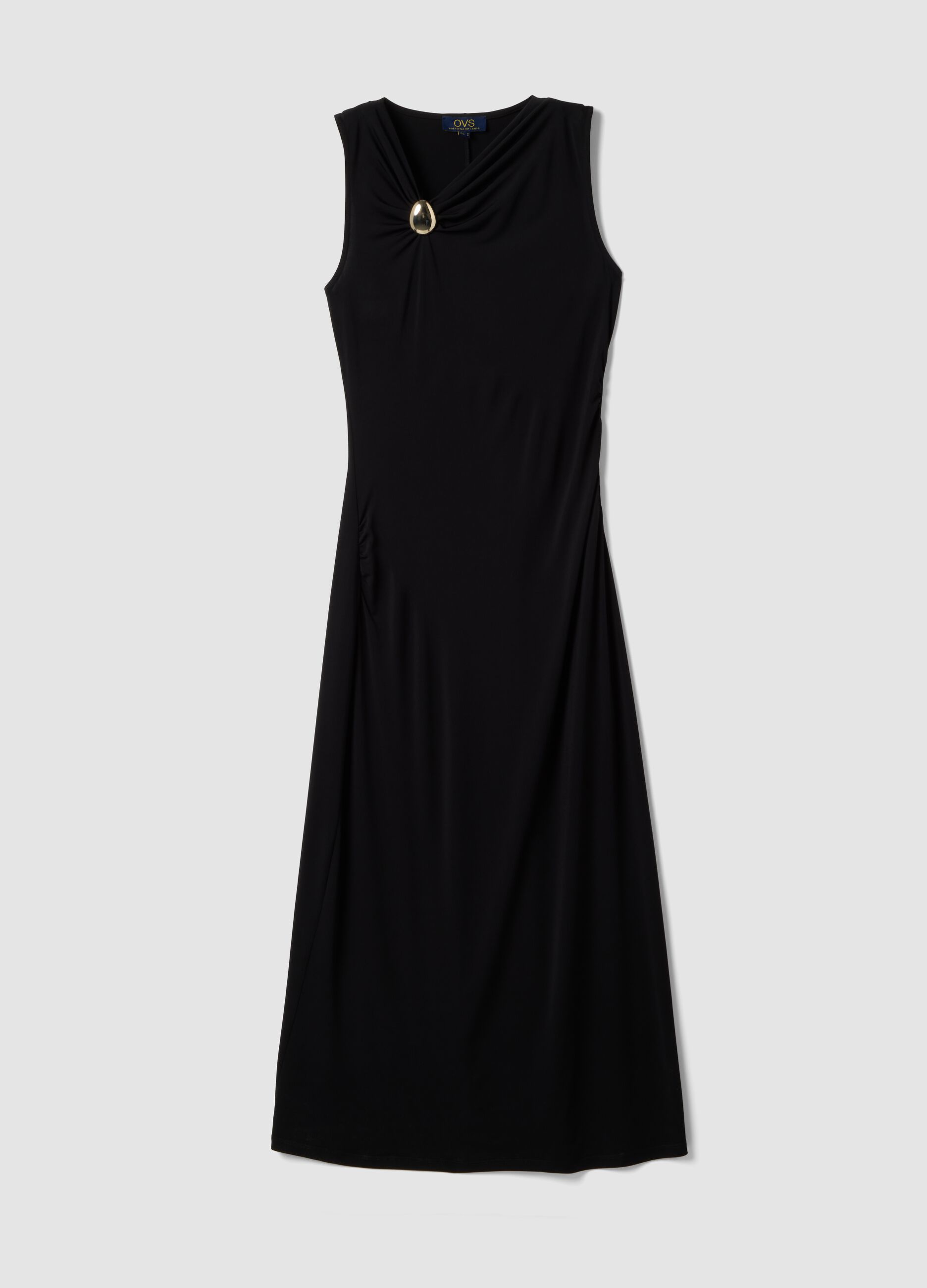 Black sleeveless stretch midi dress
