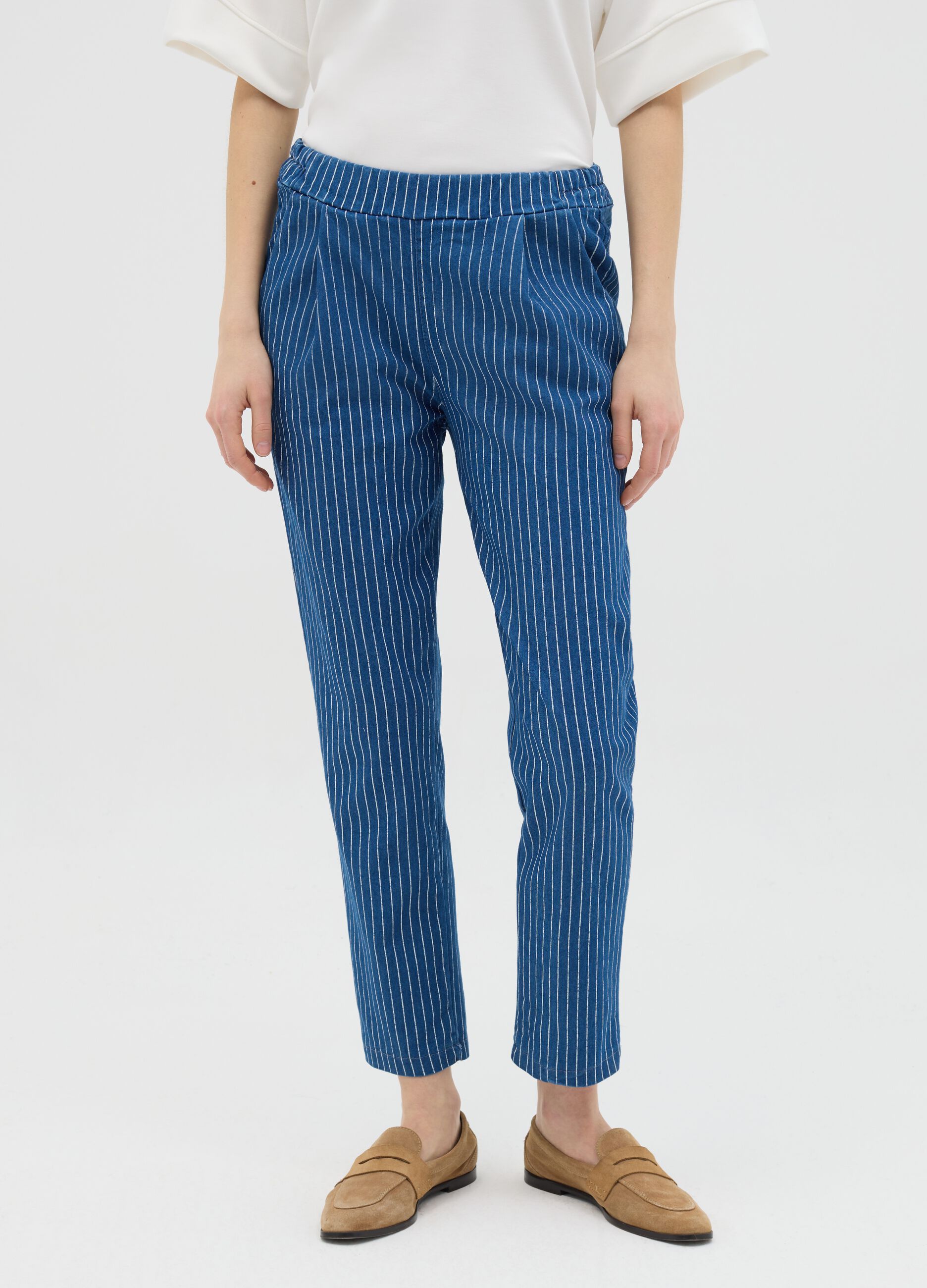 Blue cigarette trousers with striped pattern